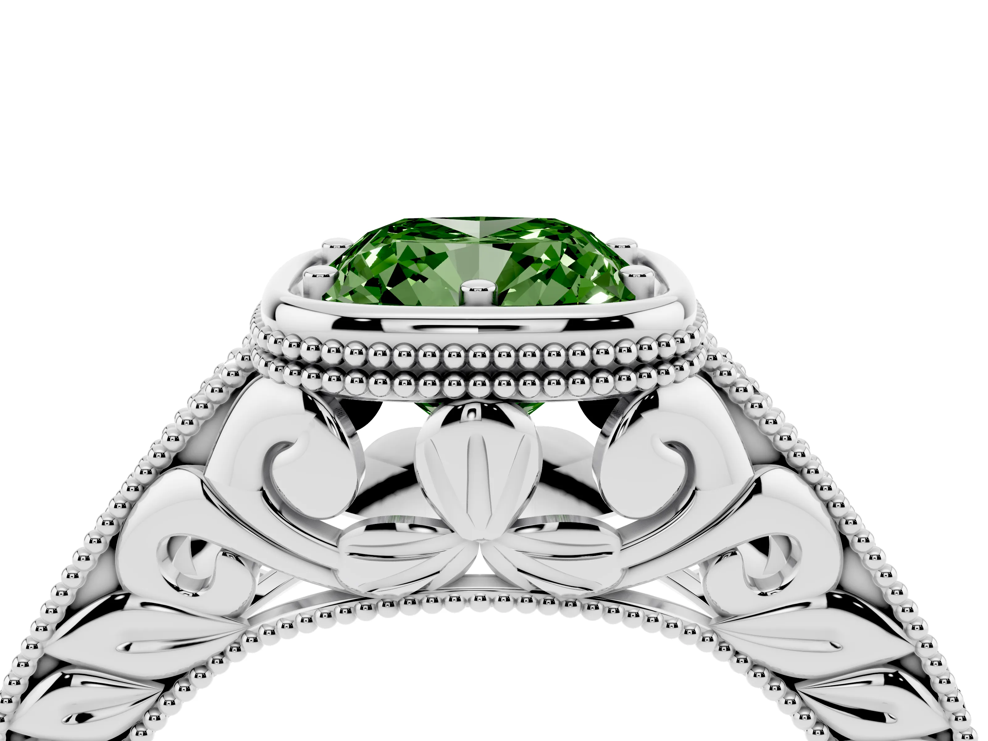 Fancy Green Bezel Set Cushion Cut Diamond Milgrain Pavé Engagement Ring Set in Silver