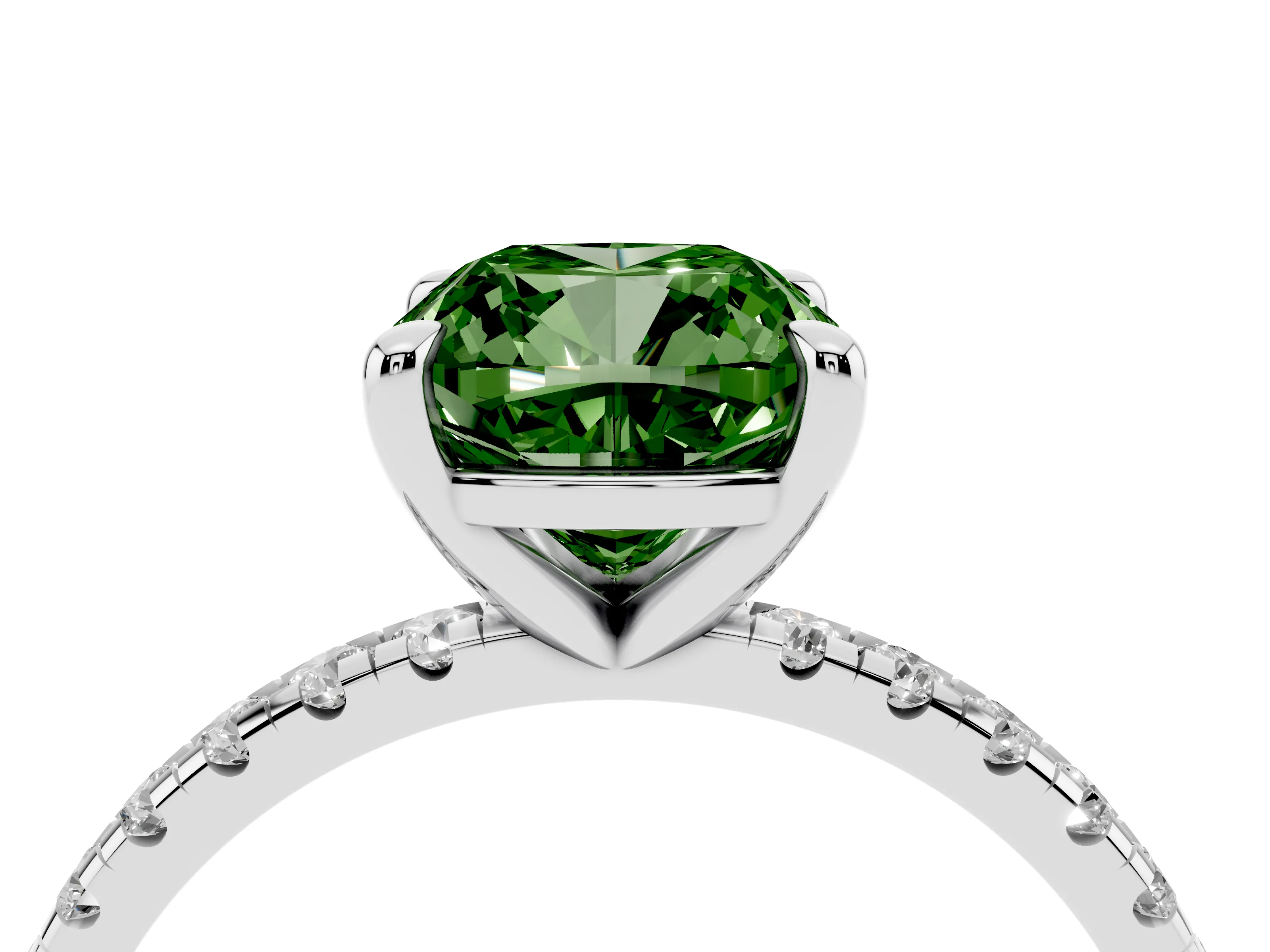 Fancy Green Cushion Cut Diamond Brilliant Solitaire Ring Set in Platinum with Pavé Band and Prong Setting