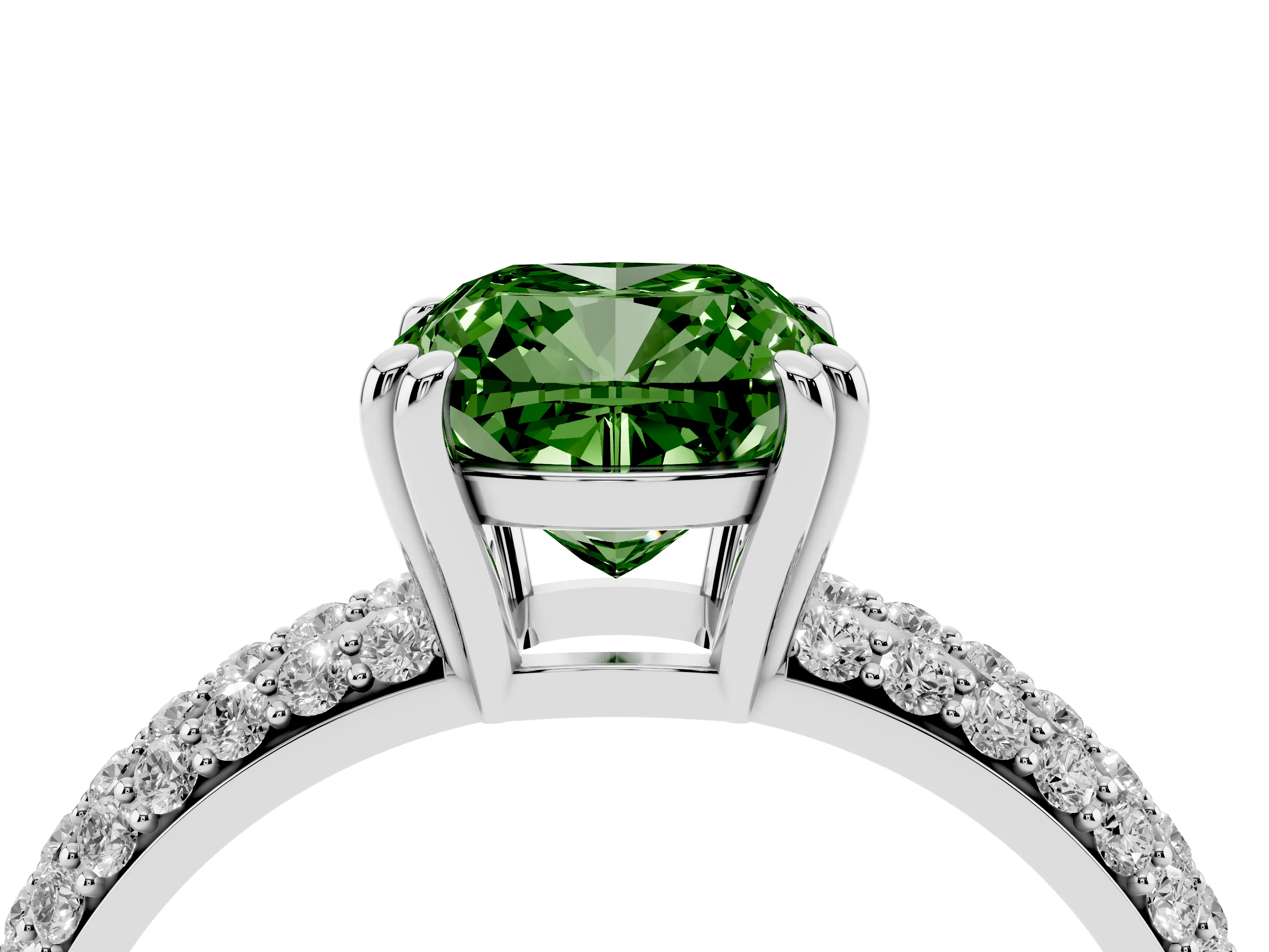 Fancy Green Cushion Cut Diamond Solitaire Ring Set in White gold with Multi-Row Round Pavé Band and Prong Setting
