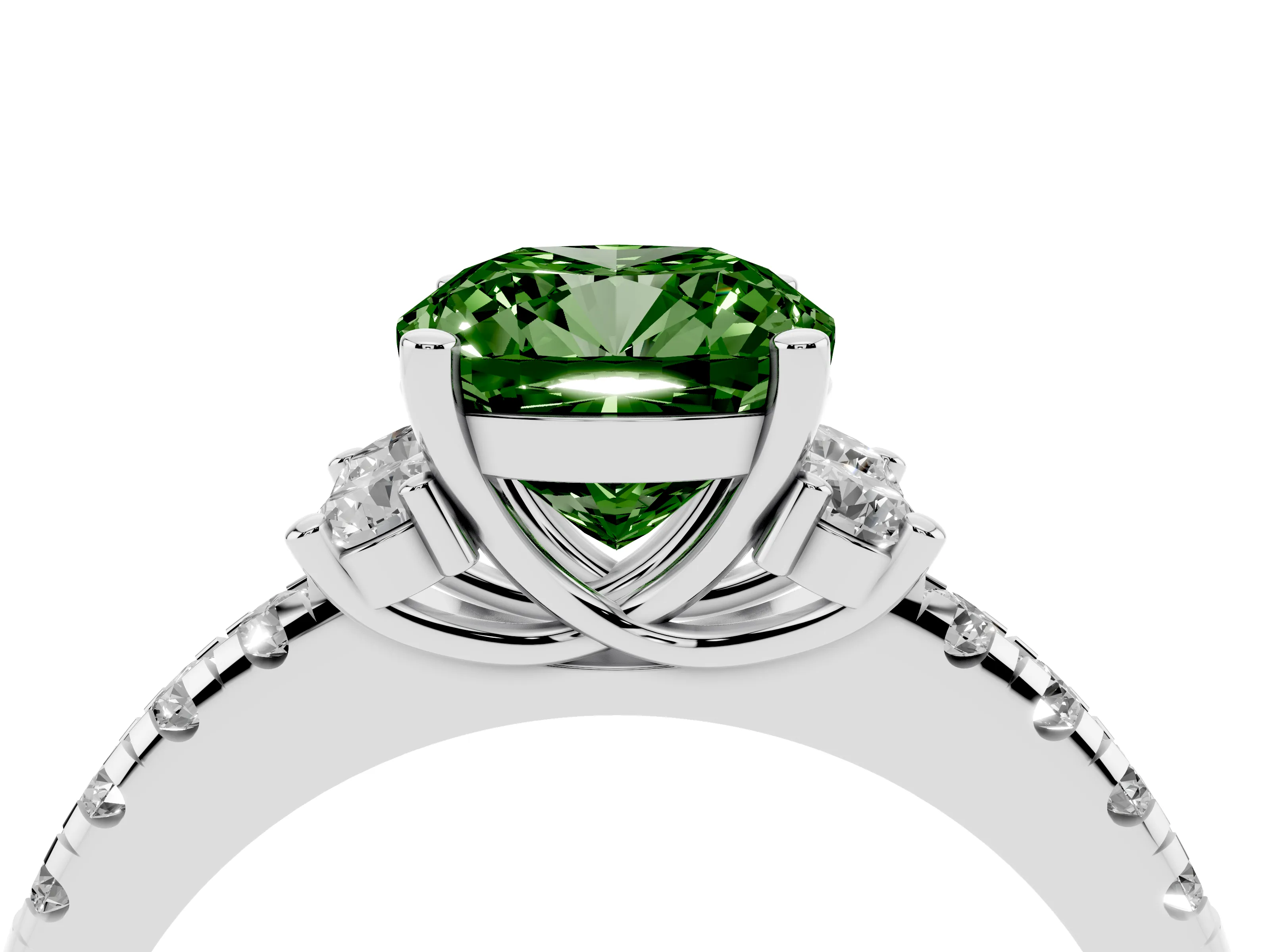 Fancy Green Cushion Cut Diamond Three-Stone Pavé Ring Set in Platinum with Prong Setting