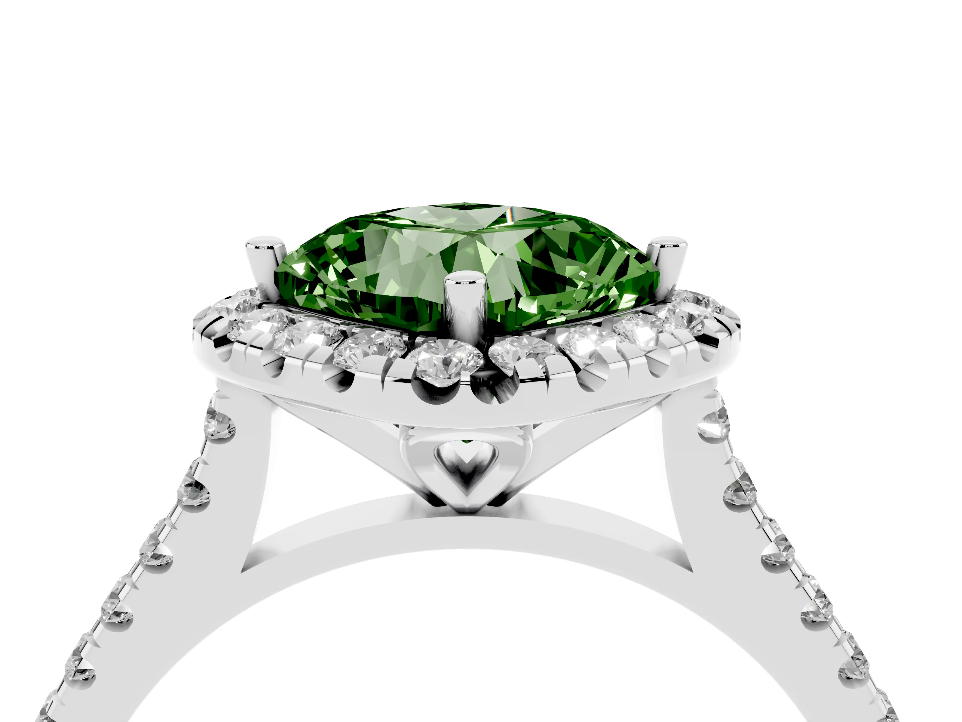 Fancy Green Cushion Cut Diamond Cushion Halo Ring Set in Silver with Pavé Band