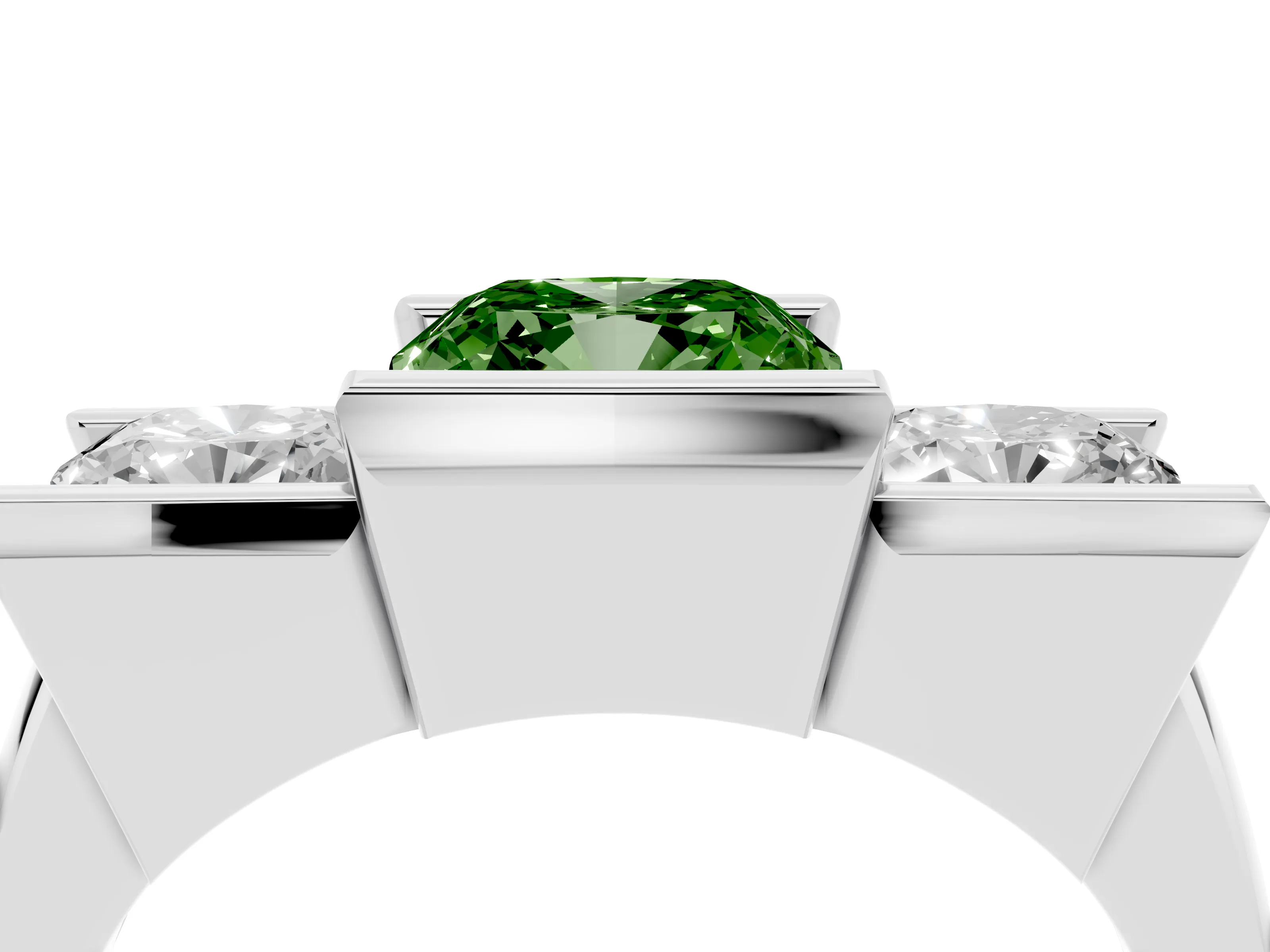 Fancy Green Cushion Cut Diamond Three-Stone Channel Set Ring Set in Platinum with Smooth Polished Band
