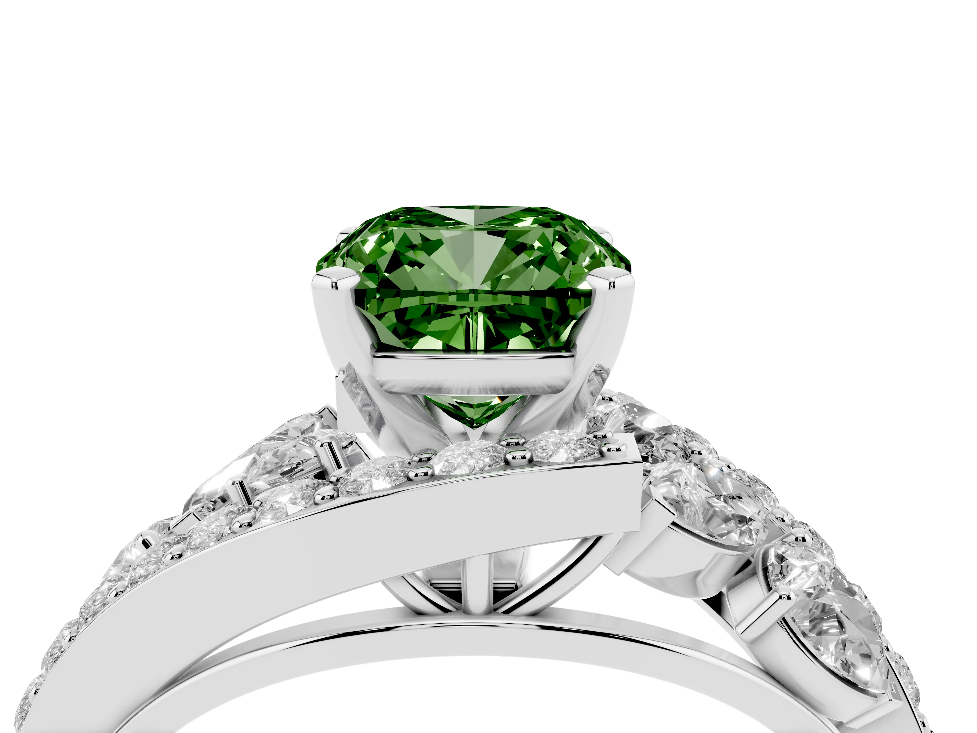 Fancy Green Cushion Cut Diamond Halo Ring Set in Silver with Marquise and Pavé Band in Prong Setting