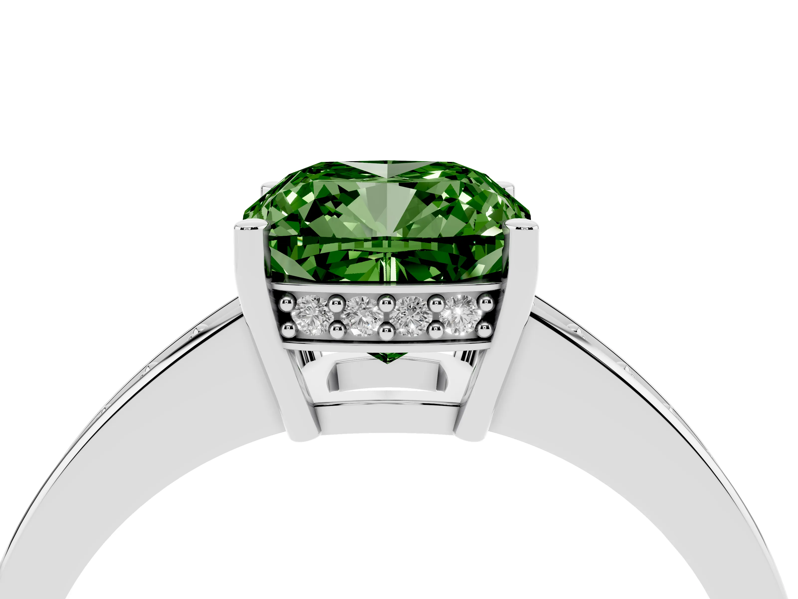 Fancy Green Cushion Cut Diamond Pavé Band Prong Set Solitaire Ring Set in White gold