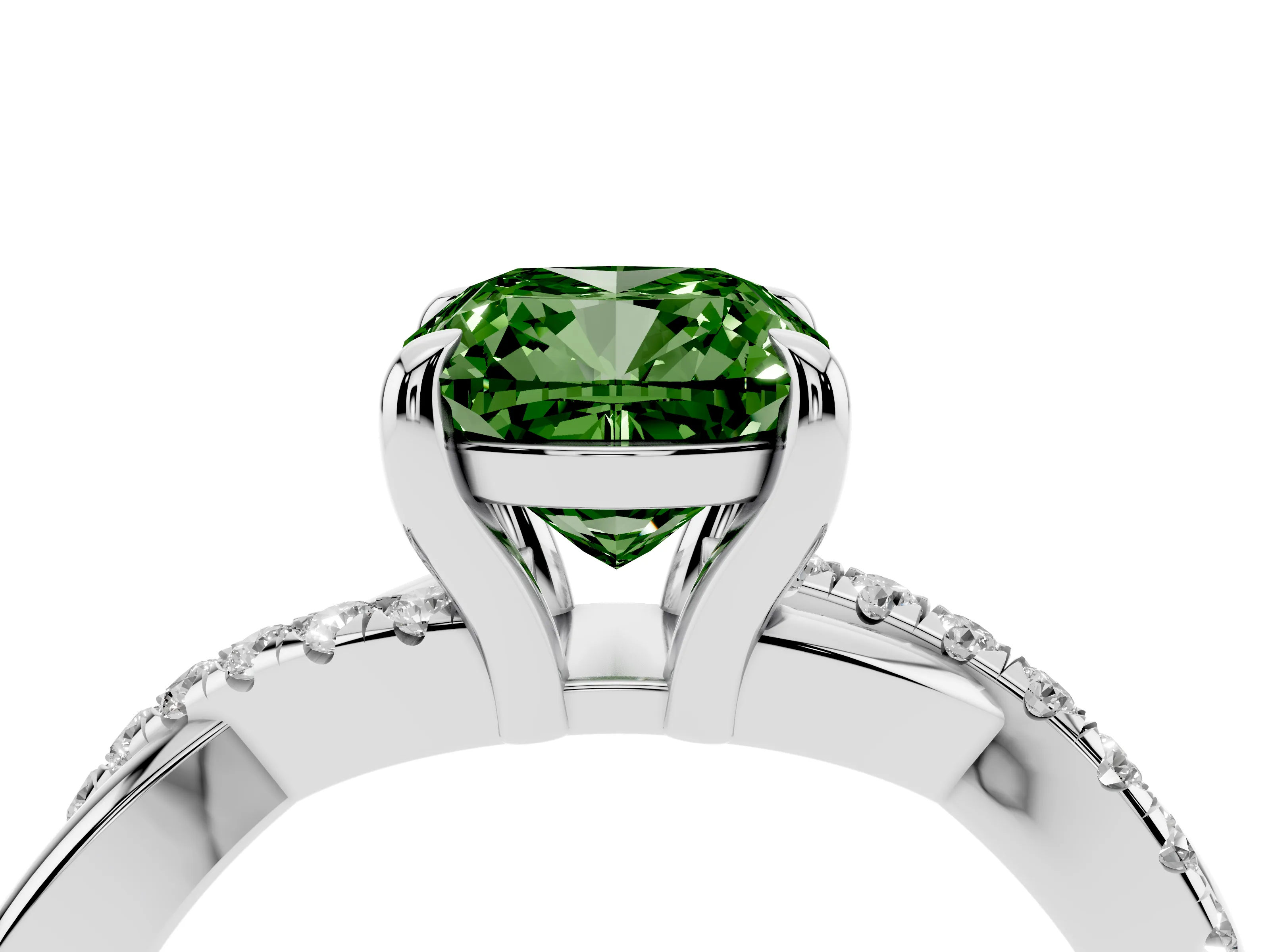 Fancy Green Cushion Cut Diamond Twist Band Pavé Solitaire Ring Set in Silver with Prong Setting