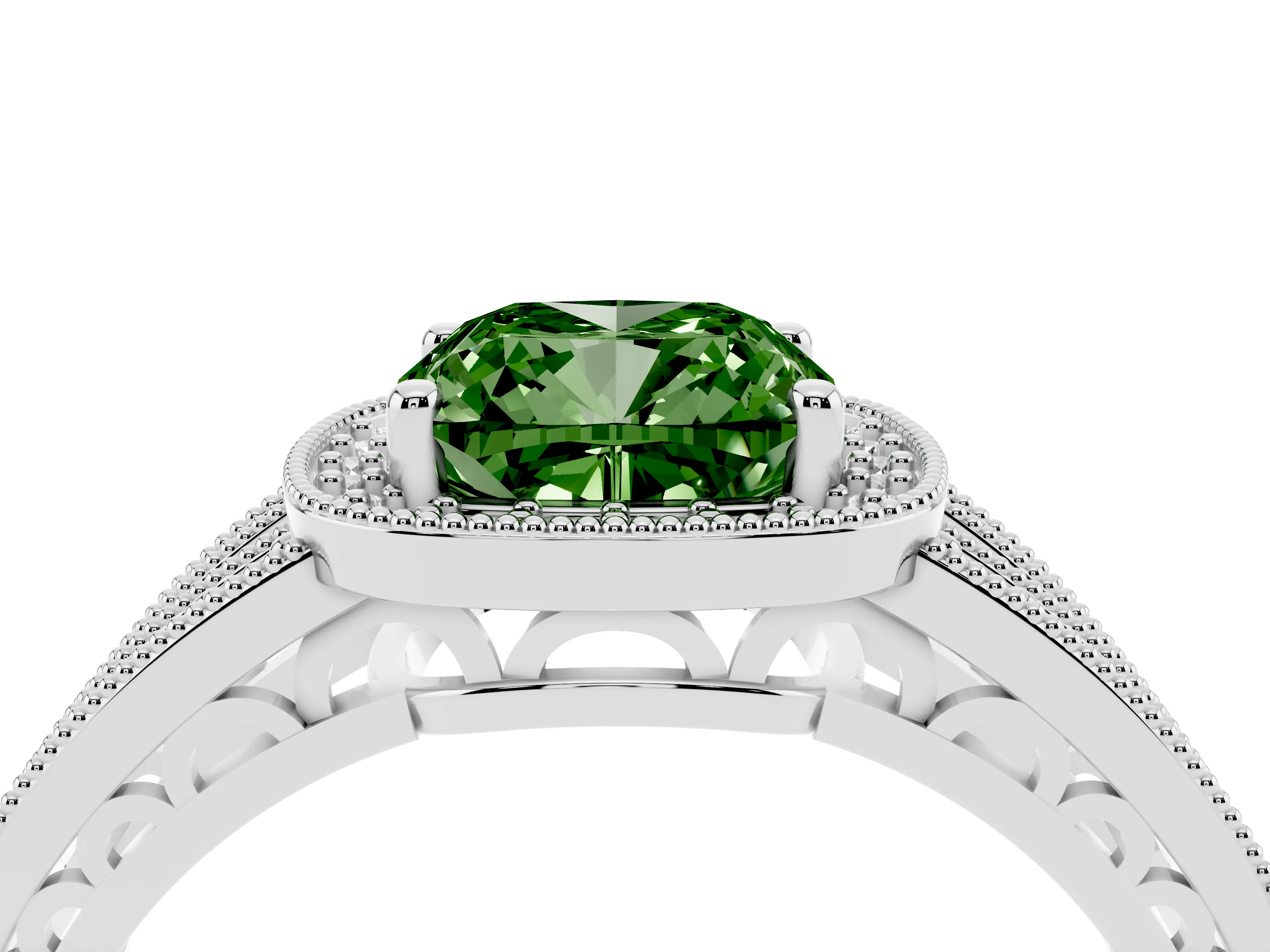 Fancy Green Cushion Cut Diamond Halo Ring Set in Platinum with Accent Split Shank and Prong Setting