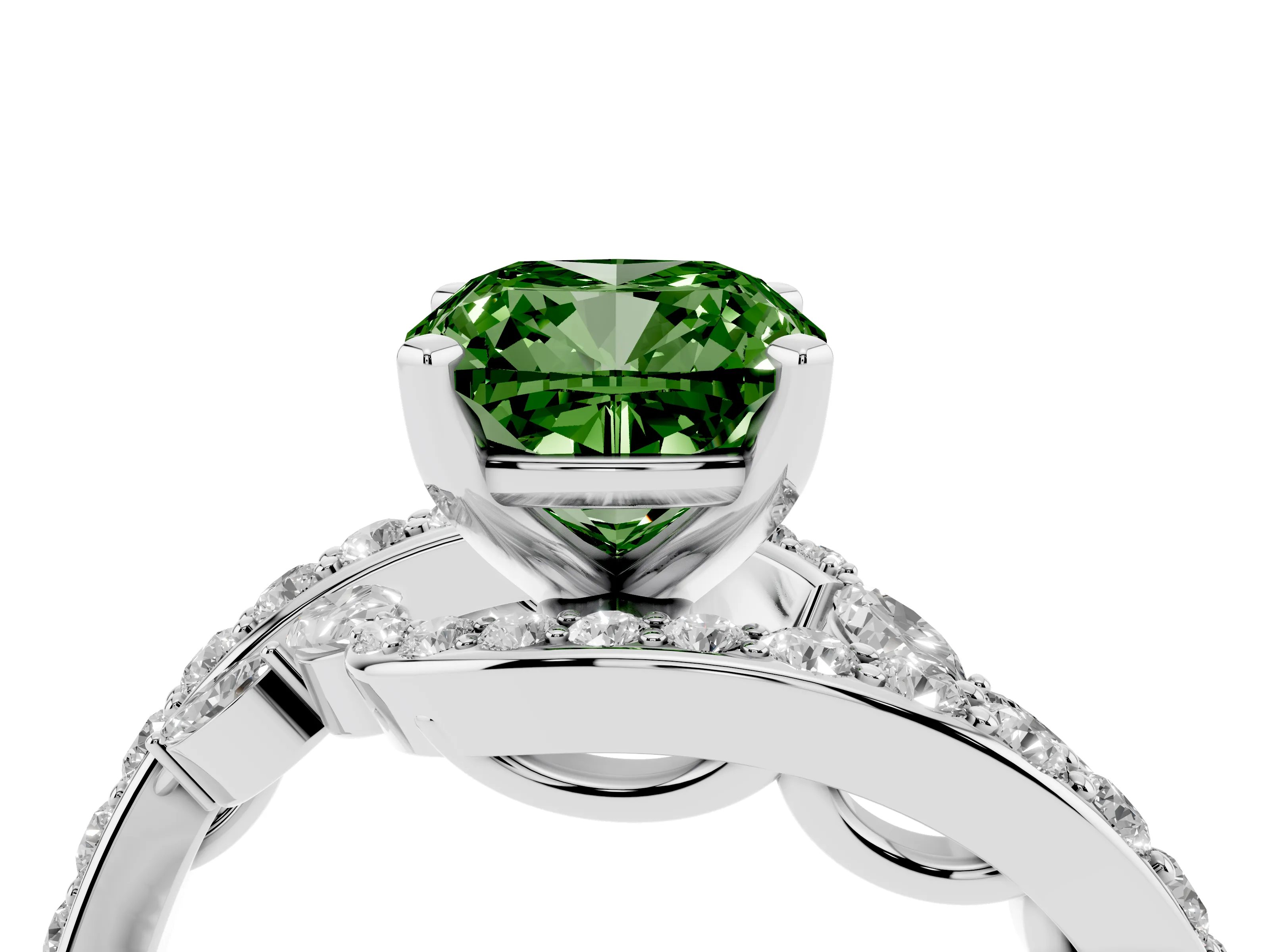 Fancy Green Cushion Cut Diamond Solitaire Ring Set in Silver with Pavé Twist Band and Secure Prong Setting