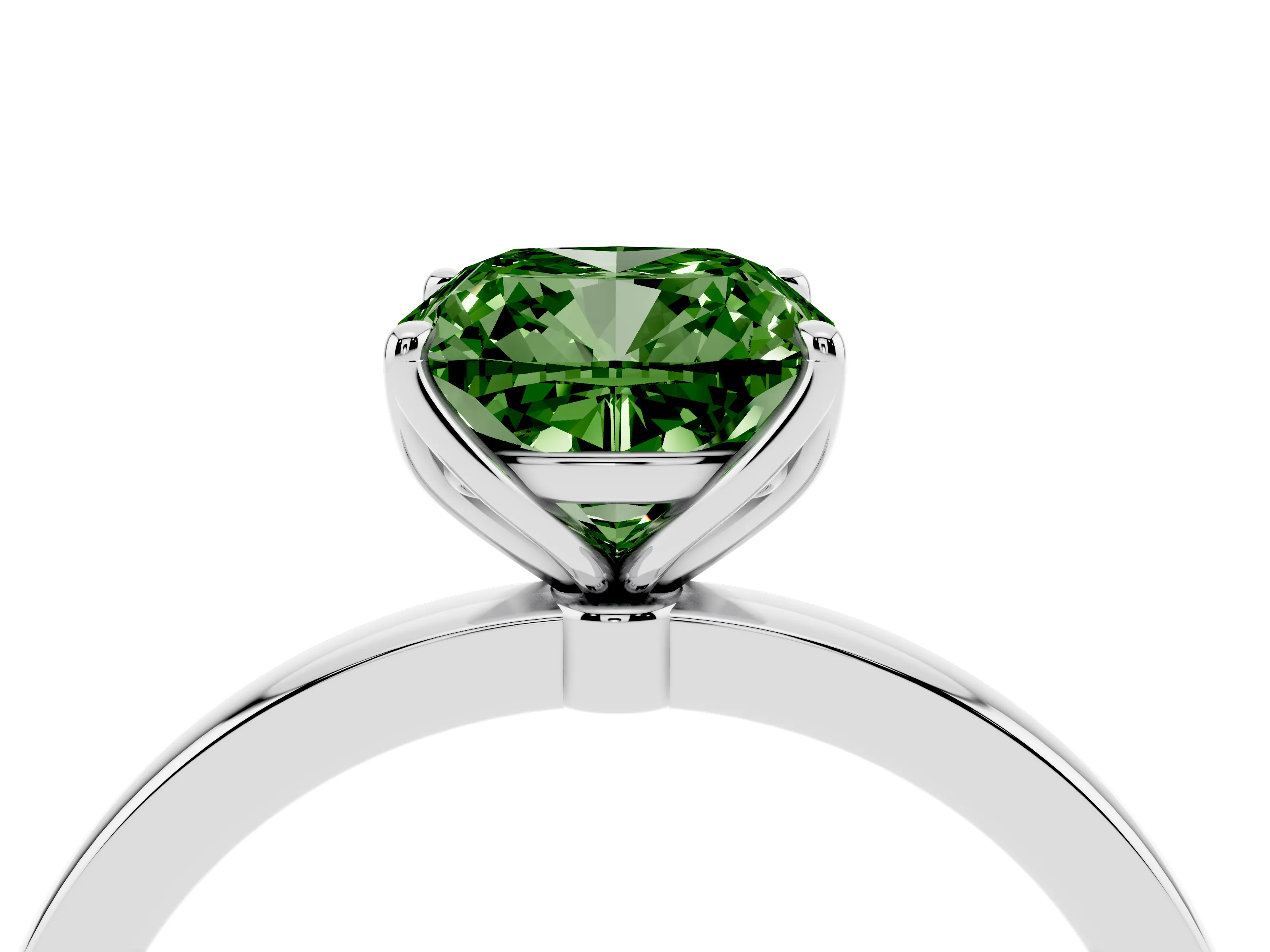 Fancy Green Cushion Cut Diamond Solitaire Ring Set in White gold with Prong Setting and Thin Polished Band