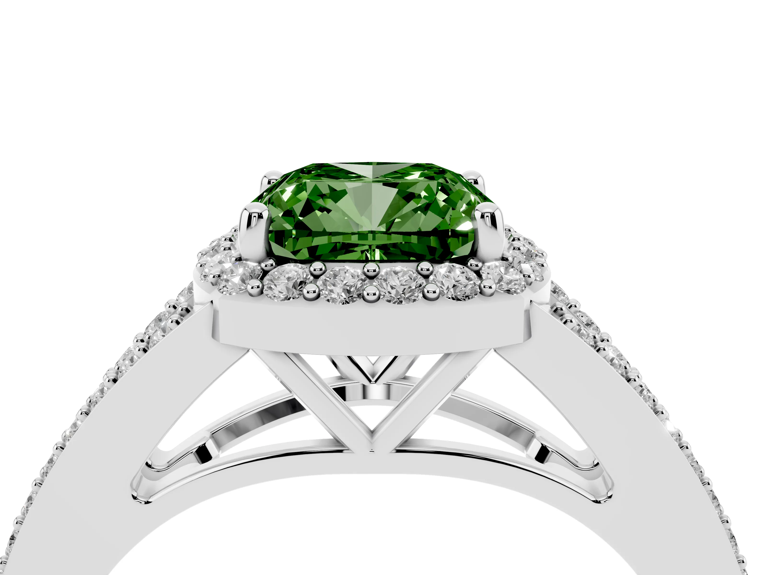 Fancy Green Cushion Cut Diamond Halo Split Shank Ring Set in White gold with Accent Stones and Prong Setting