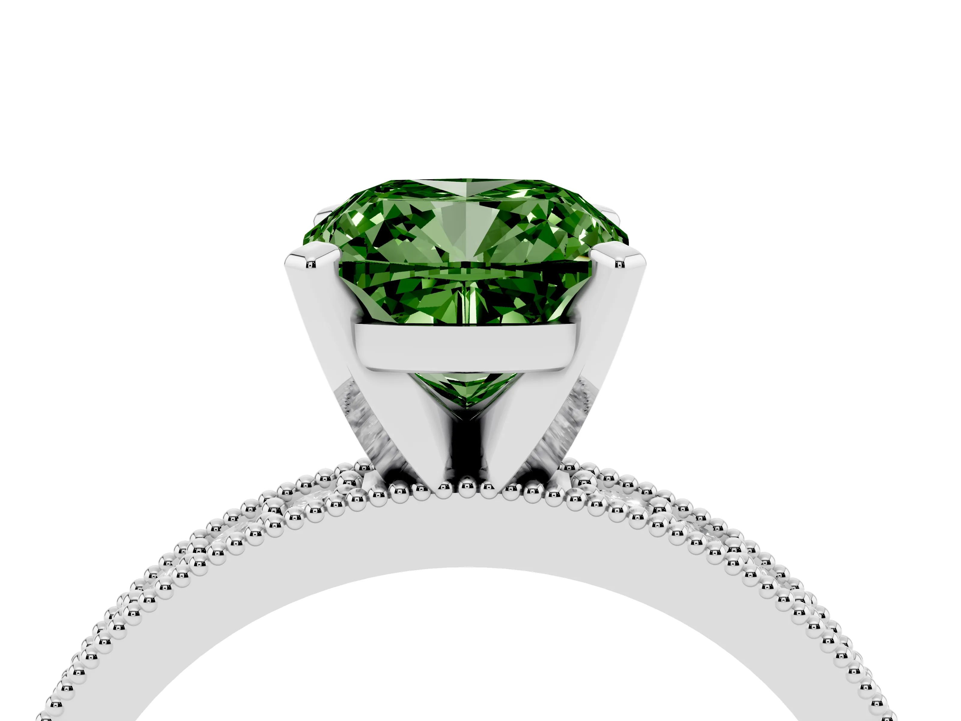 Fancy Green Cushion Cut Diamond Milgrain Pavé Engagement Ring Set in White gold with Prong Setting