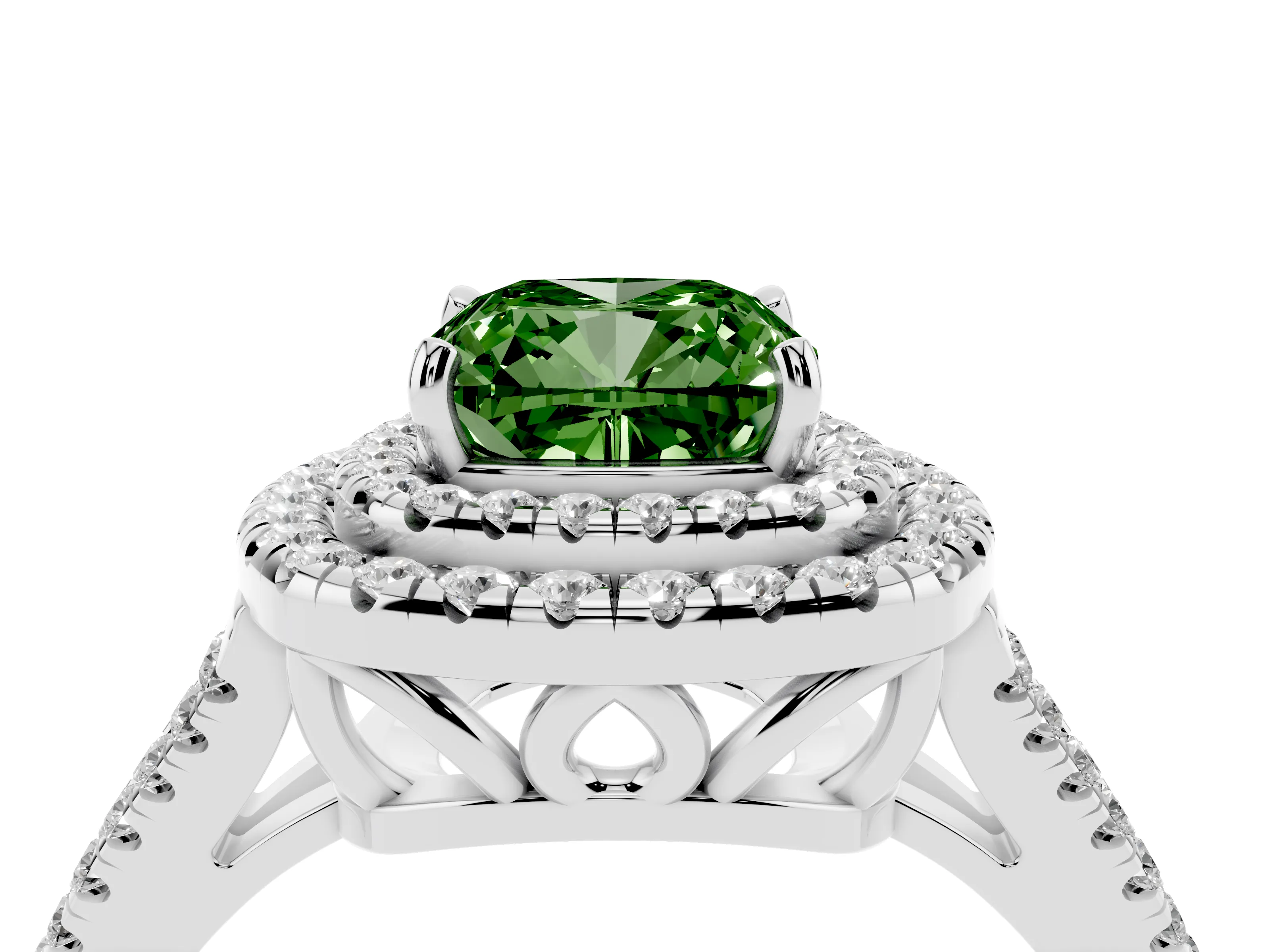 Fancy Green Cushion Cut Diamond Double Halo Ring Set in Platinum with Pavé Band