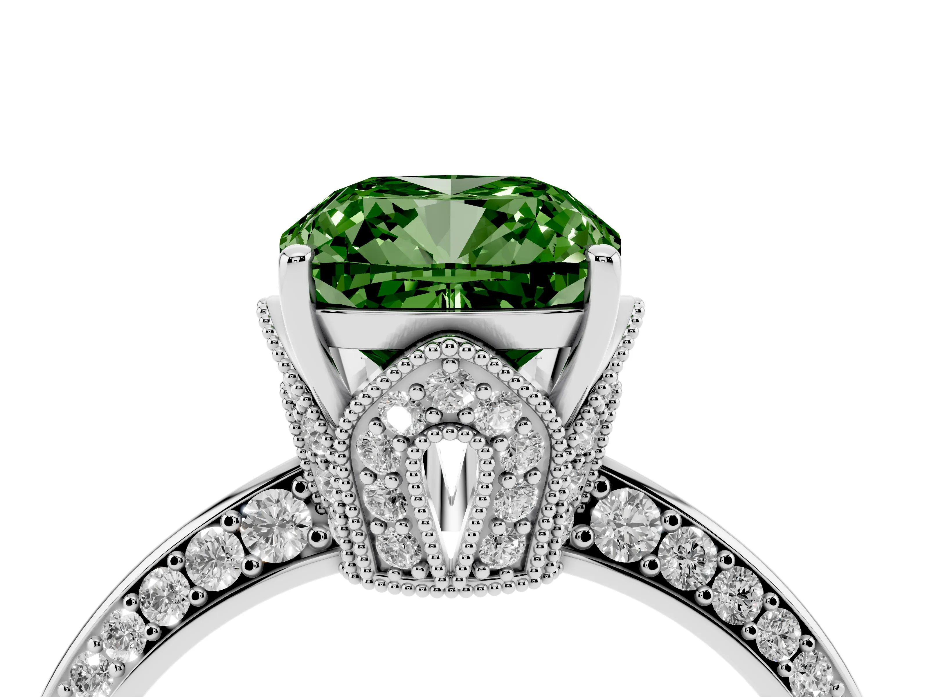 Fancy Green Cushion Cut Diamond Solitaire Engagement Ring Set in Silver with Pavé Split Shank and Prong Setting
