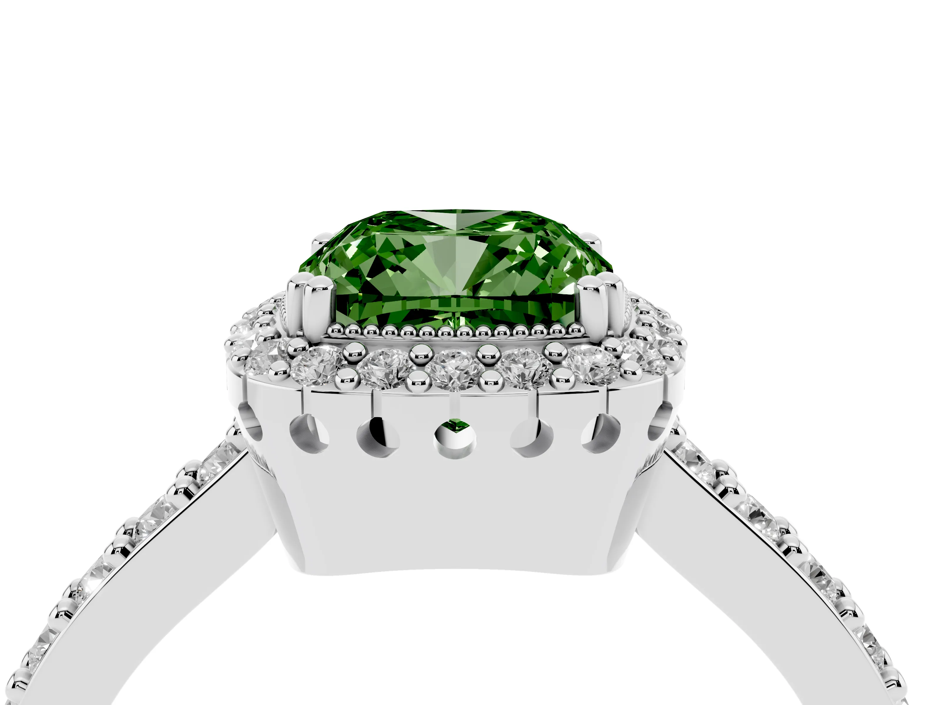 Fancy Green Cushion Cut Diamond Halo Engagement Ring Set in Silver with Milgrain Detail and Pavé Band