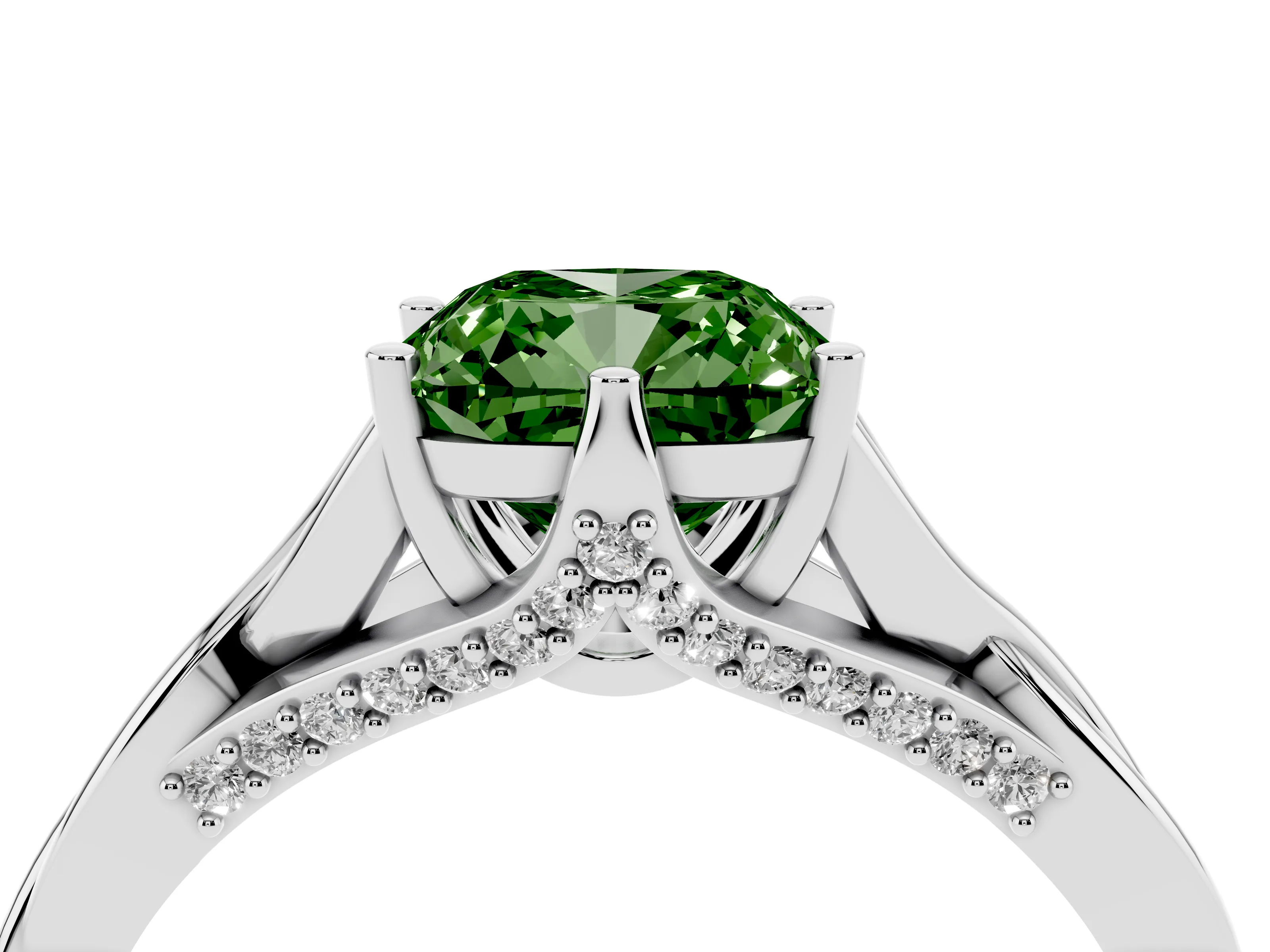 Fancy Green Cushion Cut Diamond Intertwined Twist Band Solitaire Ring Set in White gold with Prong Setting