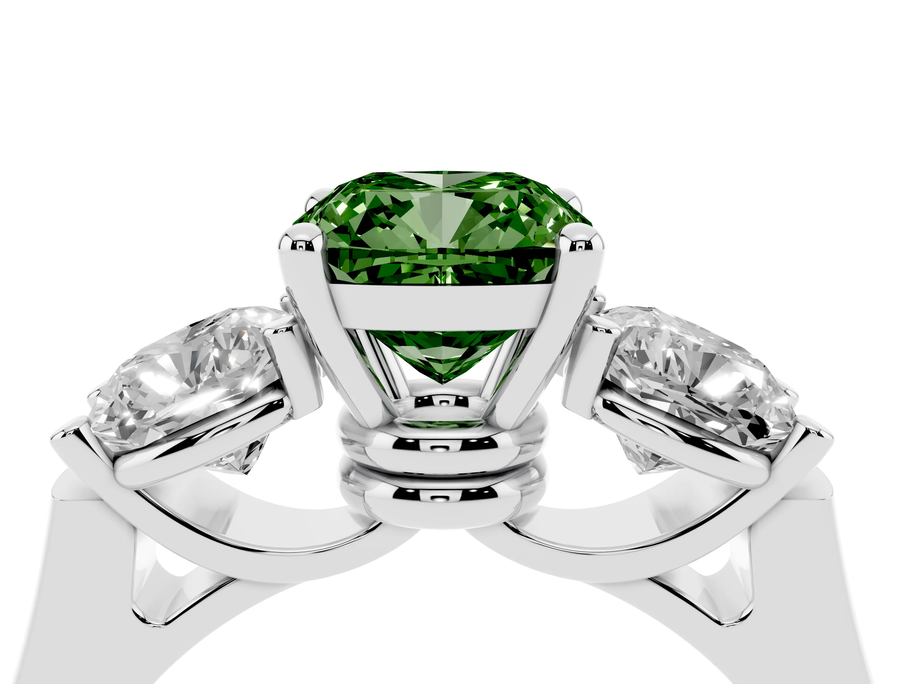 Fancy Green Cushion Cut Diamond Three-Stone Trellis Ring Set in Platinum with Comfort Fit Band