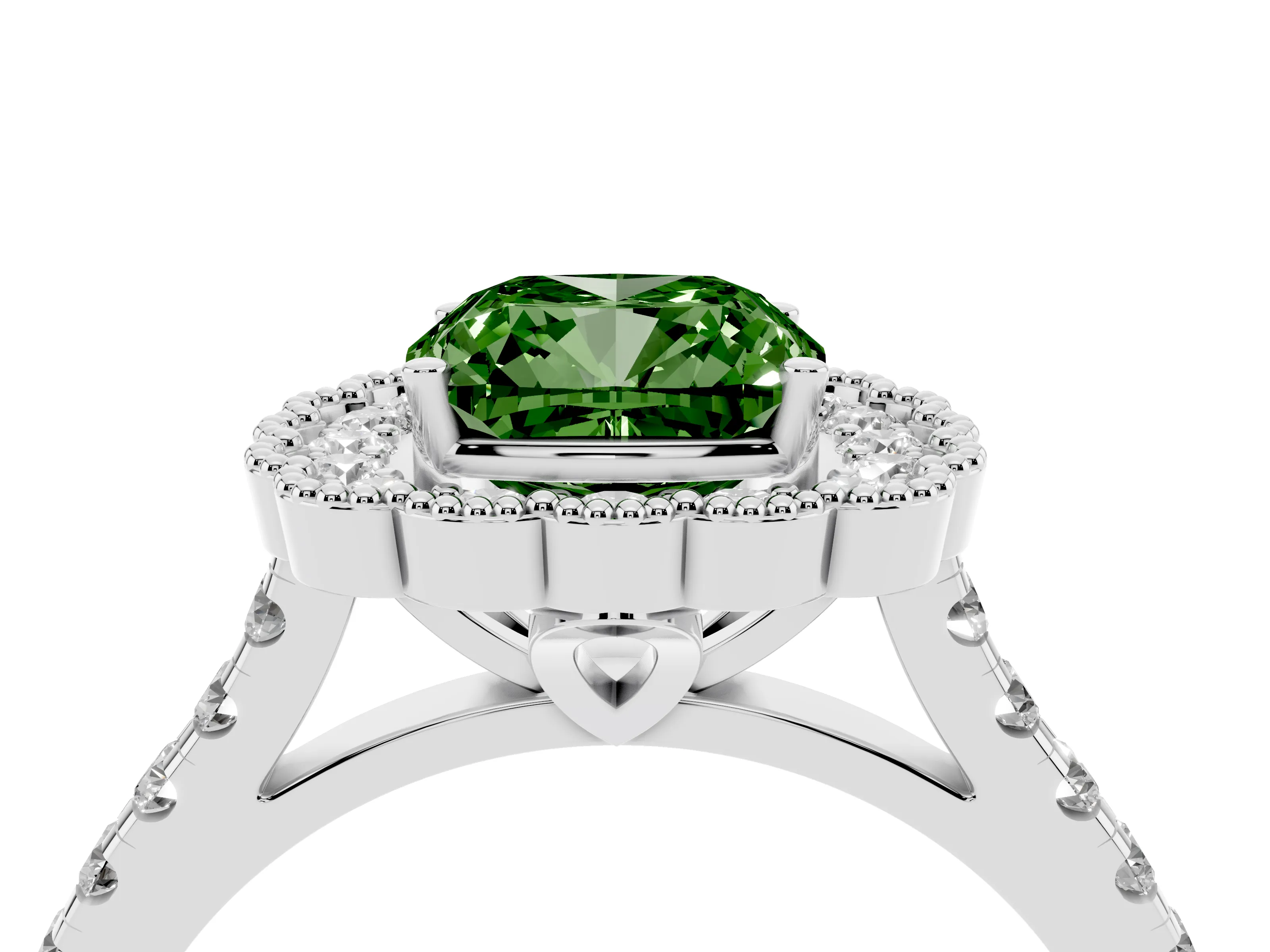 Fancy Green Cushion Cut Diamond Milgrain Floral Halo Engagement Ring Set in White gold with Pavé Band