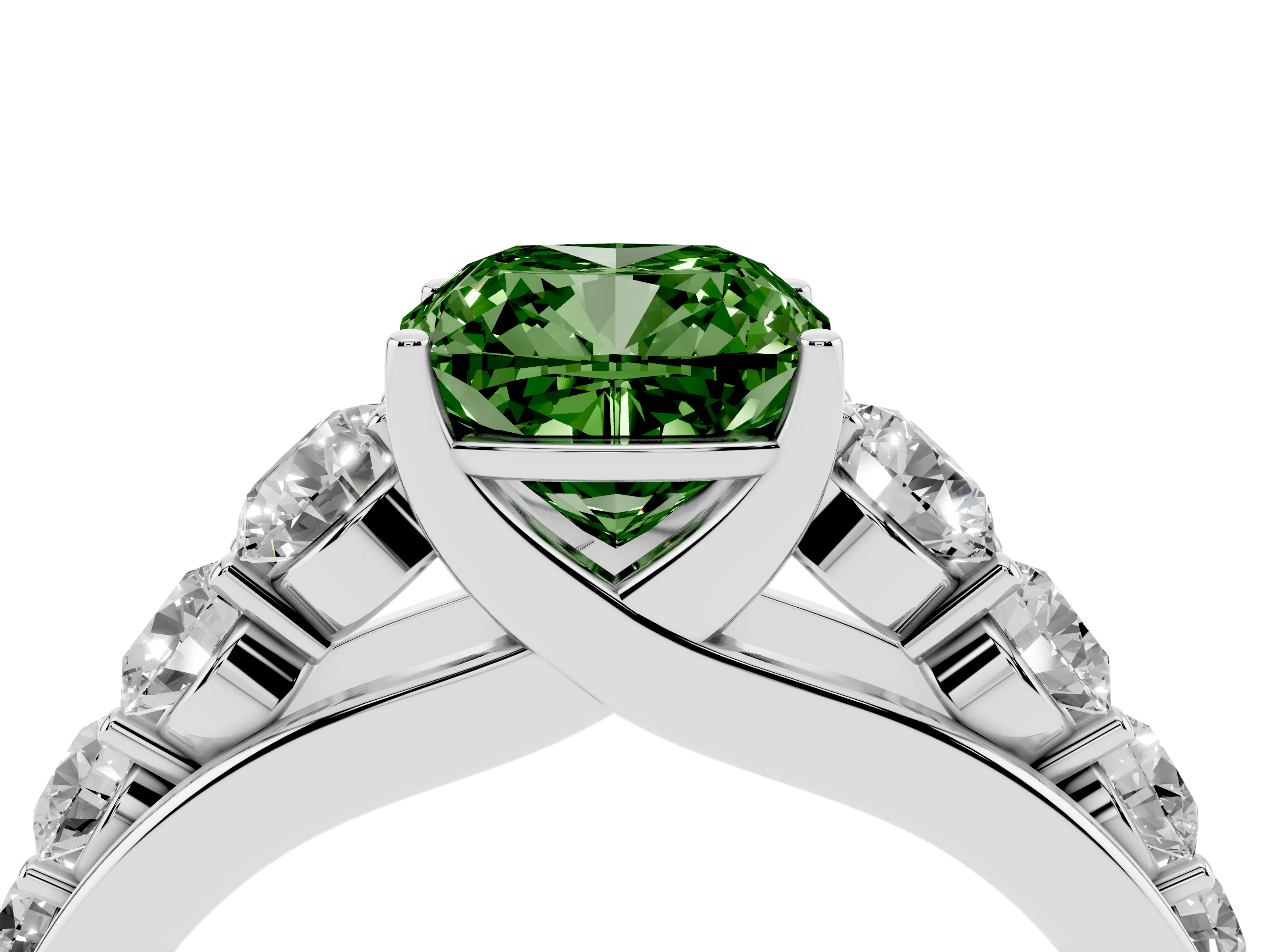 Fancy Green Cushion Cut Diamond Solitaire Ring Set in Silver with Pavé-Set Band and Prong Setting
