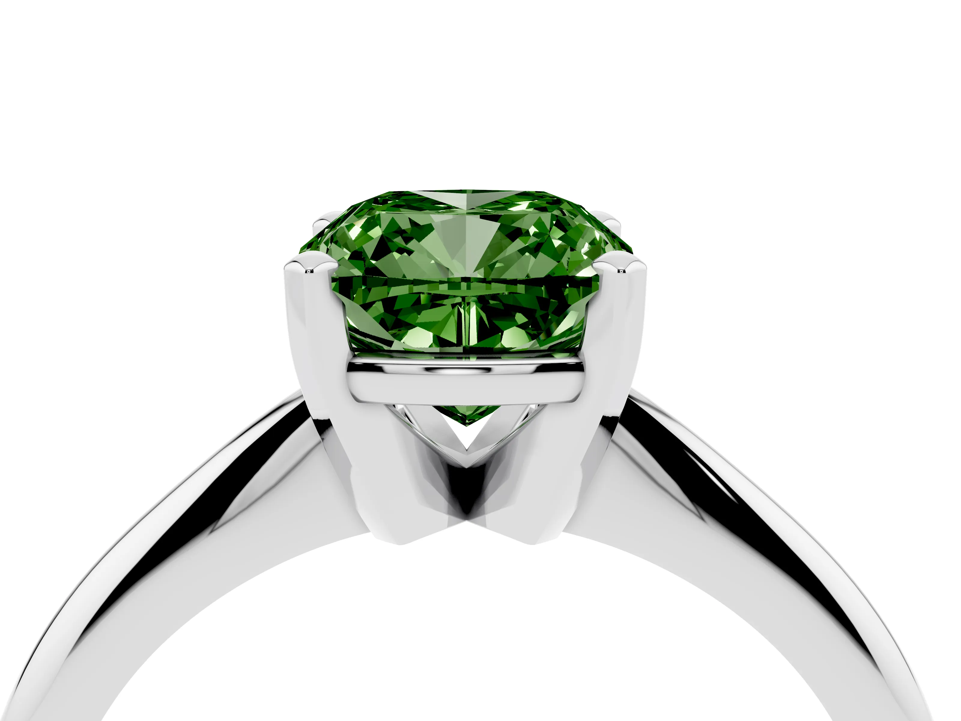 Fancy Green Cushion Cut Diamond Solitaire Ring Set in Silver with Prong Setting on a Plain Round Band