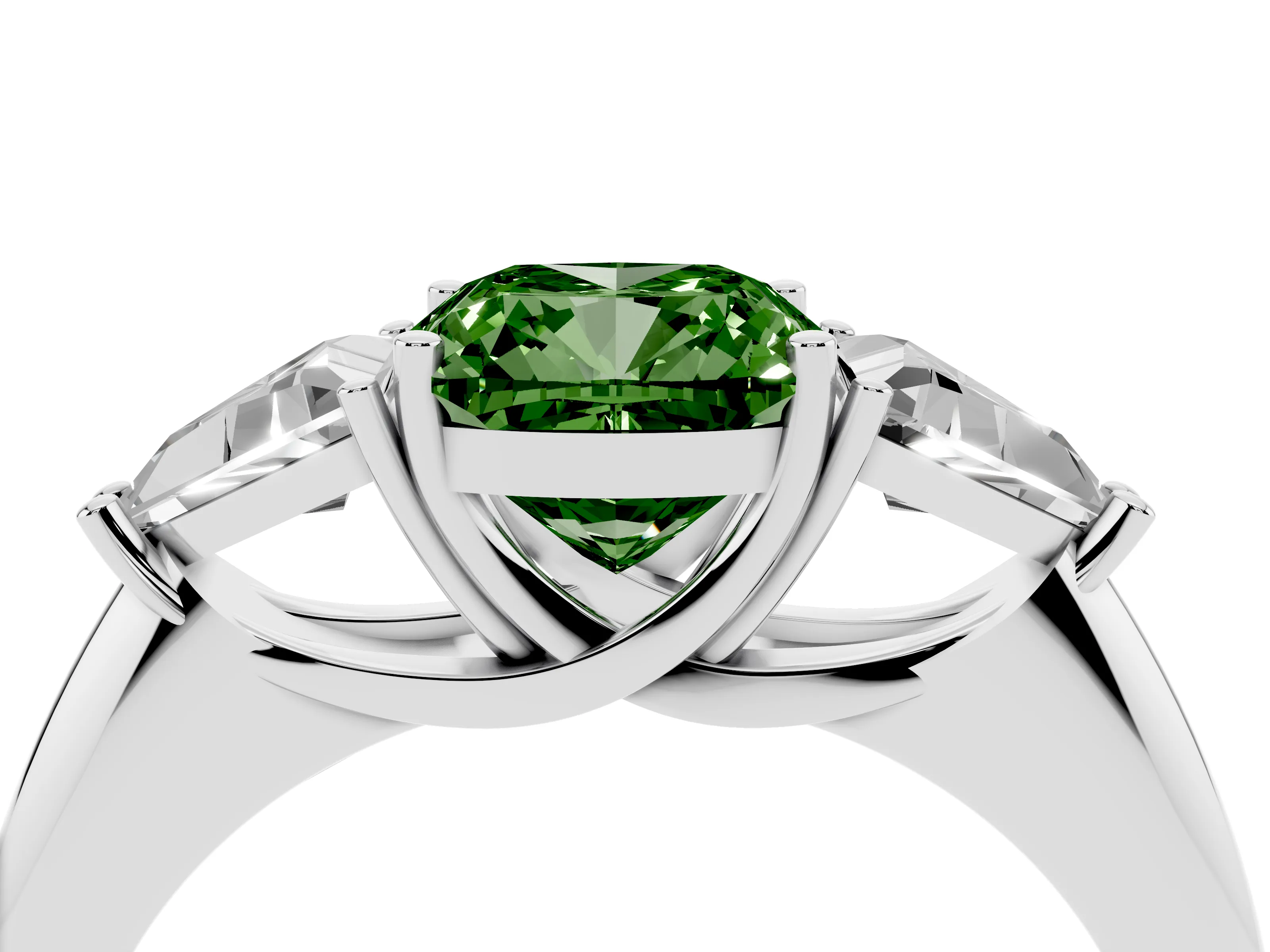 Fancy Green Cushion Cut Diamond Three-Stone Engagement Ring Set in Silver with Trillion Side Stones
