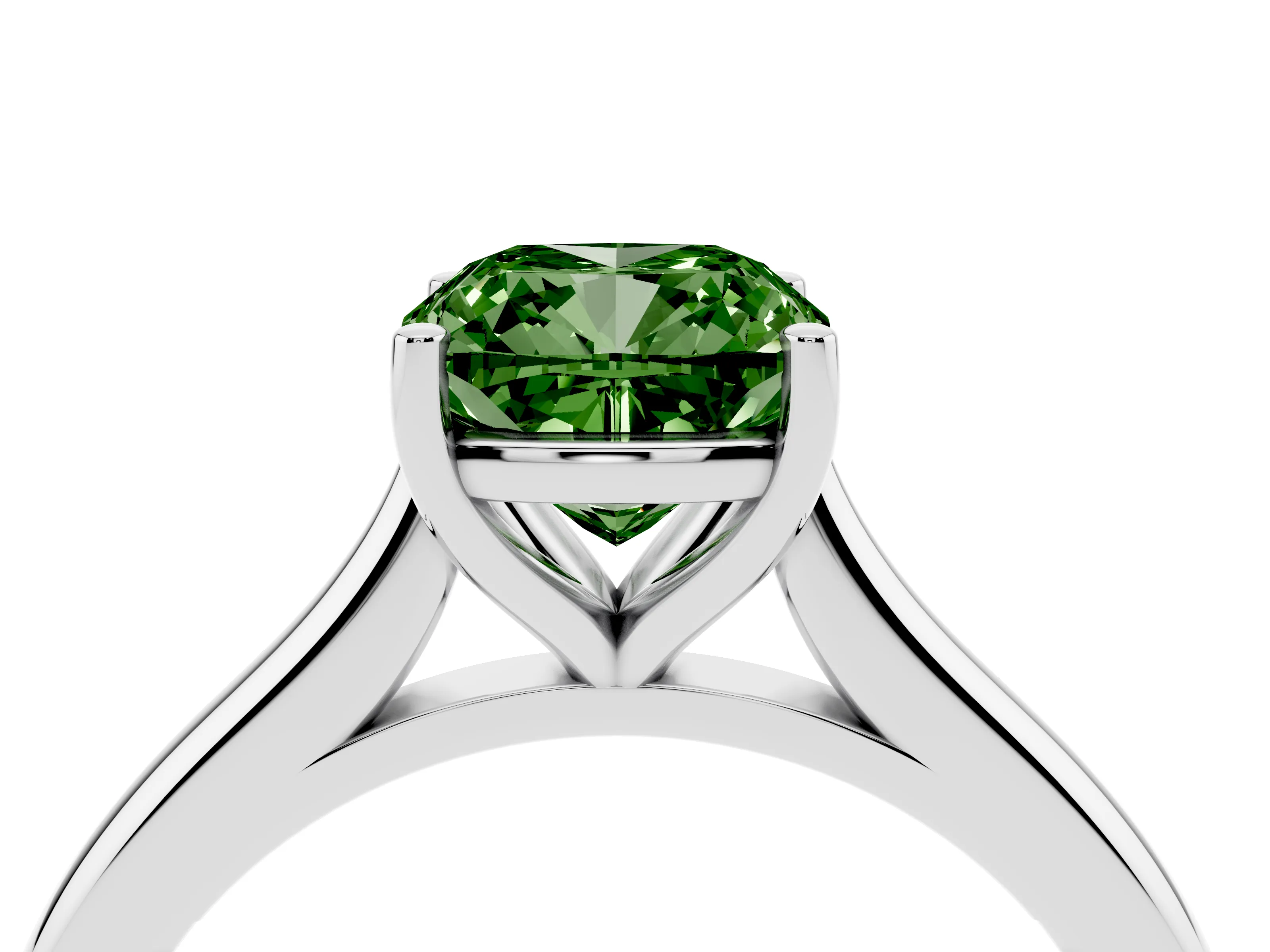 Fancy Green Cushion Cut Diamond Solitaire Ring Set in White gold with Cathedral Band and Prong Setting