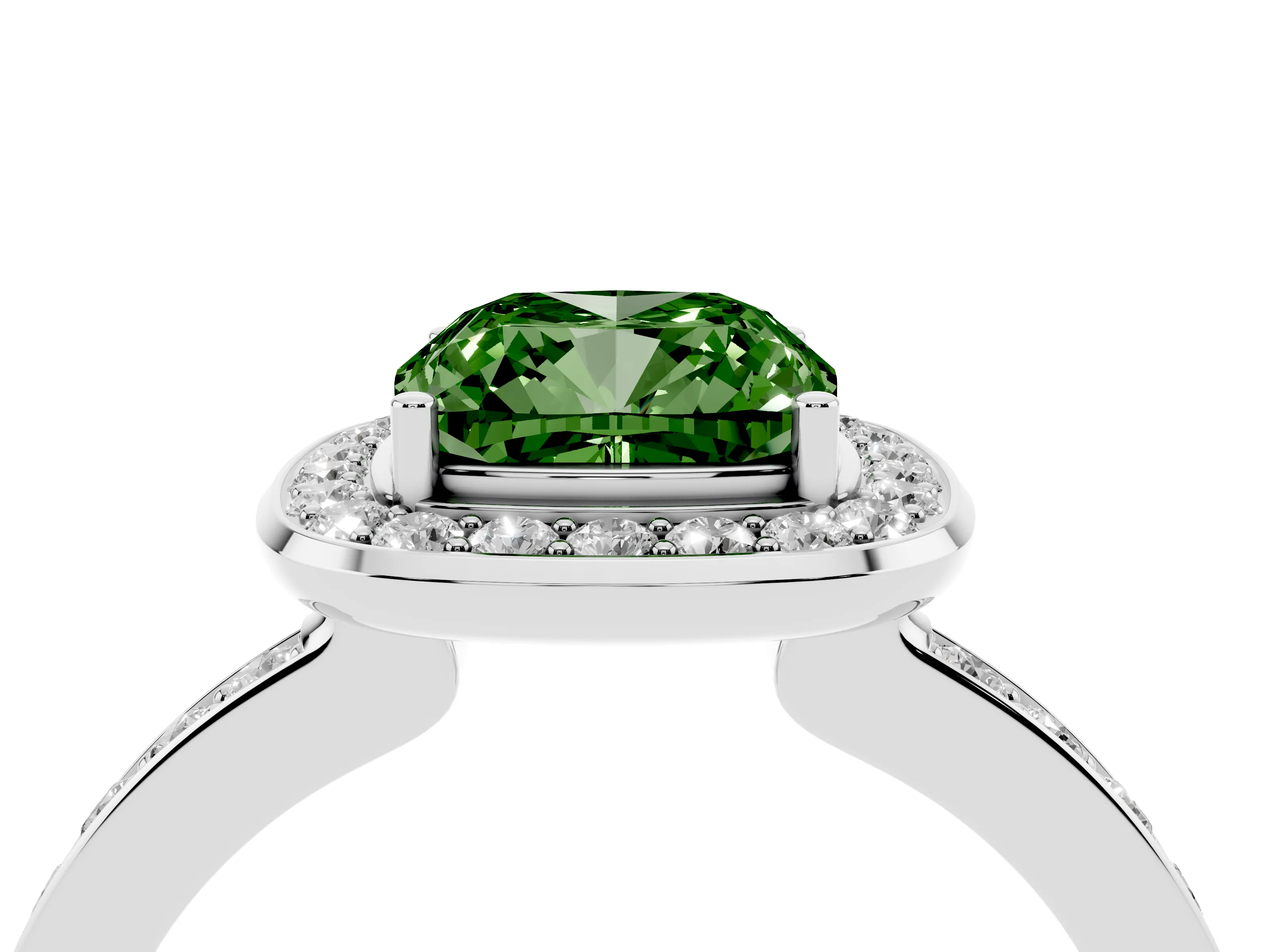 Fancy Green Cushion Cut Diamond Halo Ring Set in White gold with Bezel Frame and Pavé Band