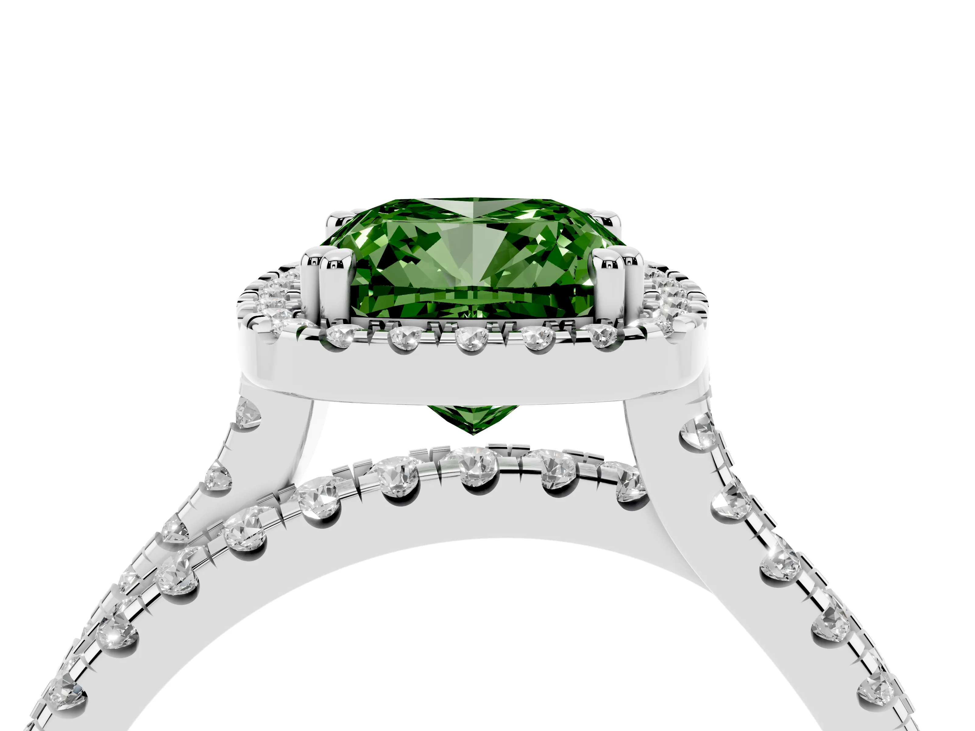Fancy Green Cushion Cut Diamond Halo Split Shank Ring Set in Platinum with Pavé Setting
