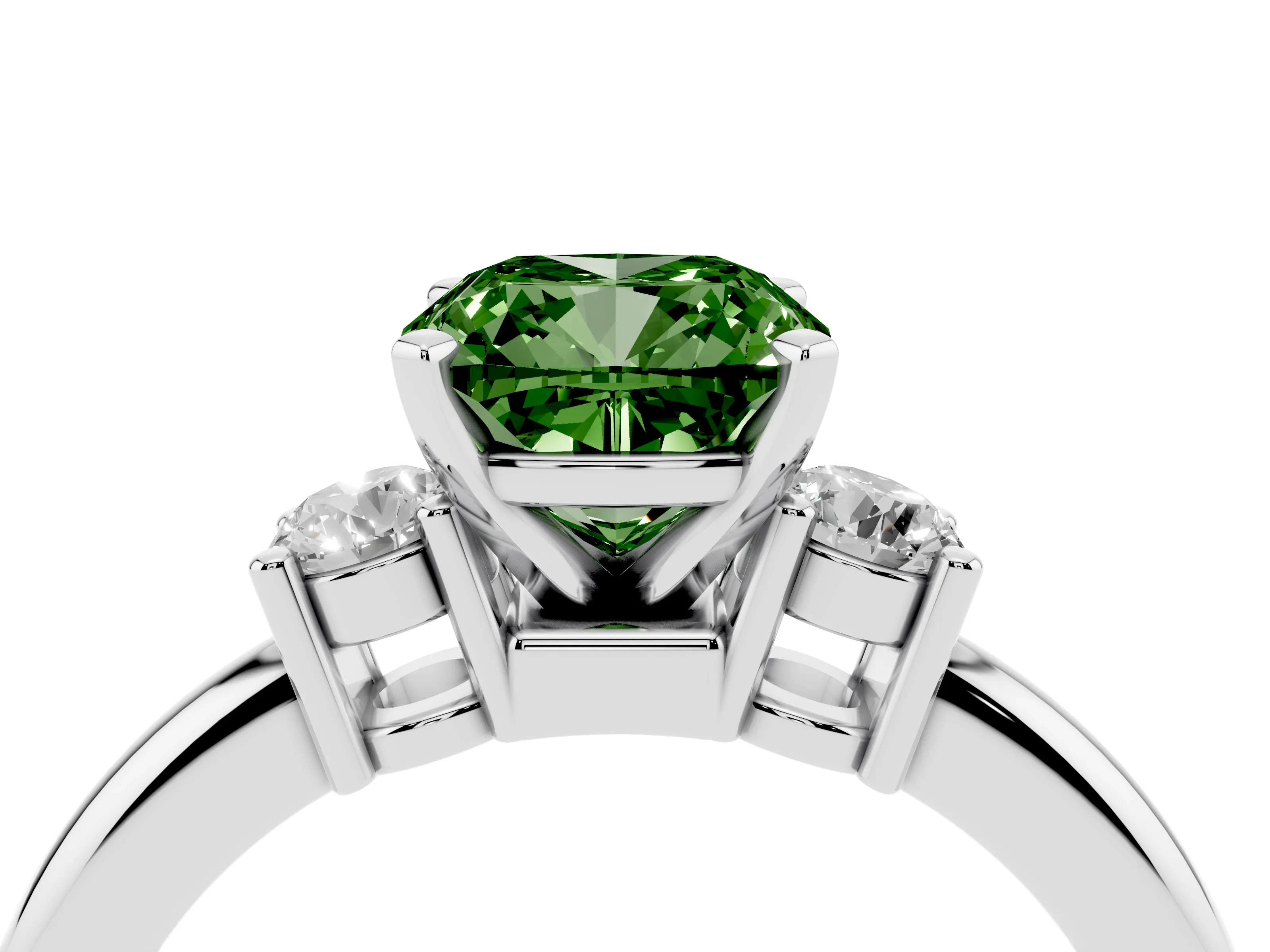 Fancy Green Three-Stone Cushion Cut Diamond Ring Set in Silver with Prong Setting and Plain Band