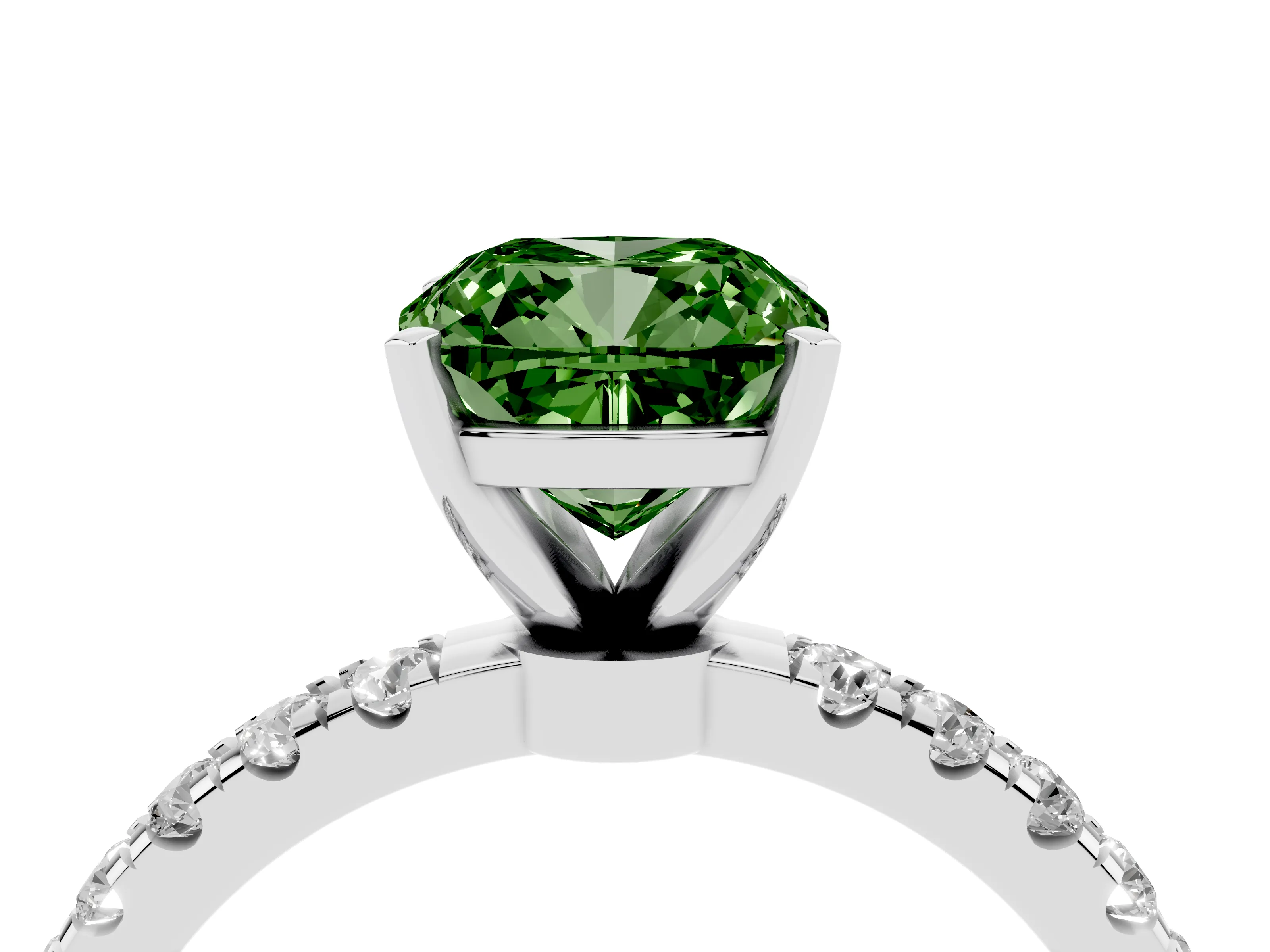 Fancy Green Cushion Cut Diamond Solitaire Ring Set in White gold with Pavé Accents and Prong Setting