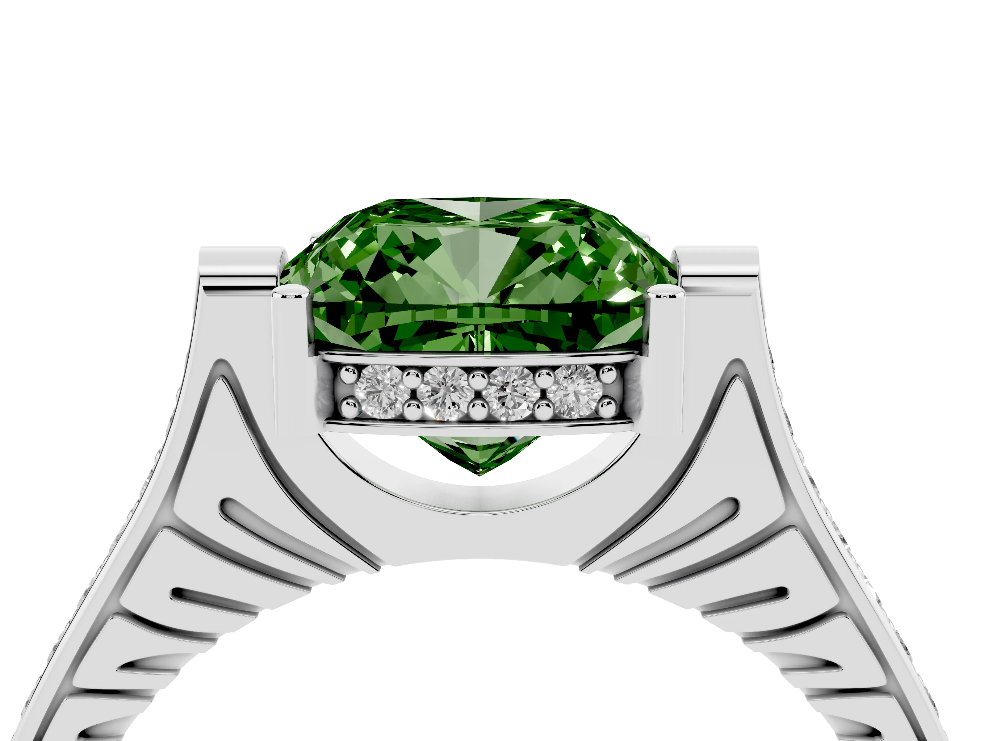 Fancy Green Cushion Cut Diamond Solitaire Ring Set in White gold with Channel Set Band and Bezel Prong Setting