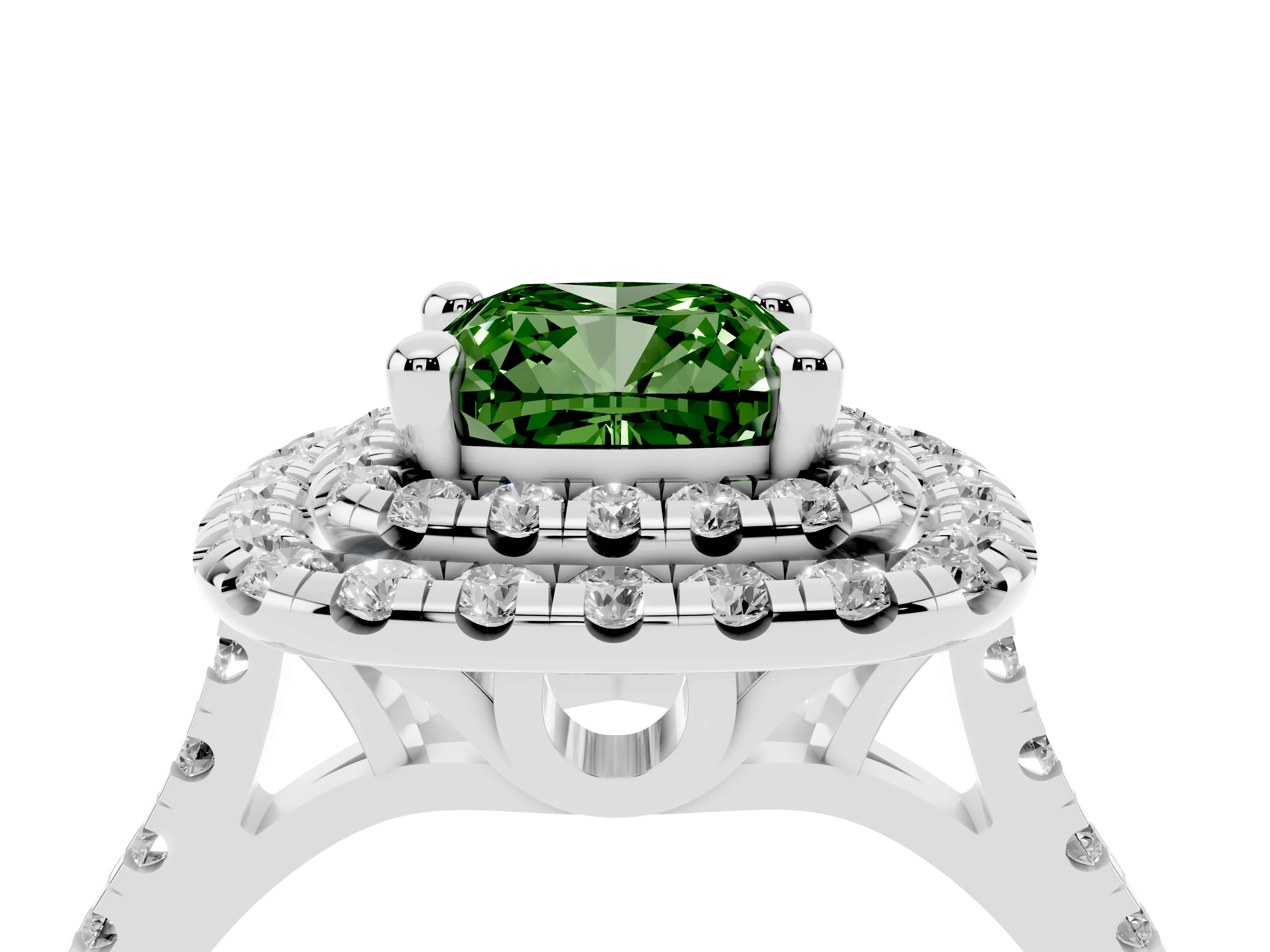 Fancy Green Cushion Cut Diamond Double Halo Statement Ring Set in White gold with Pavé Band