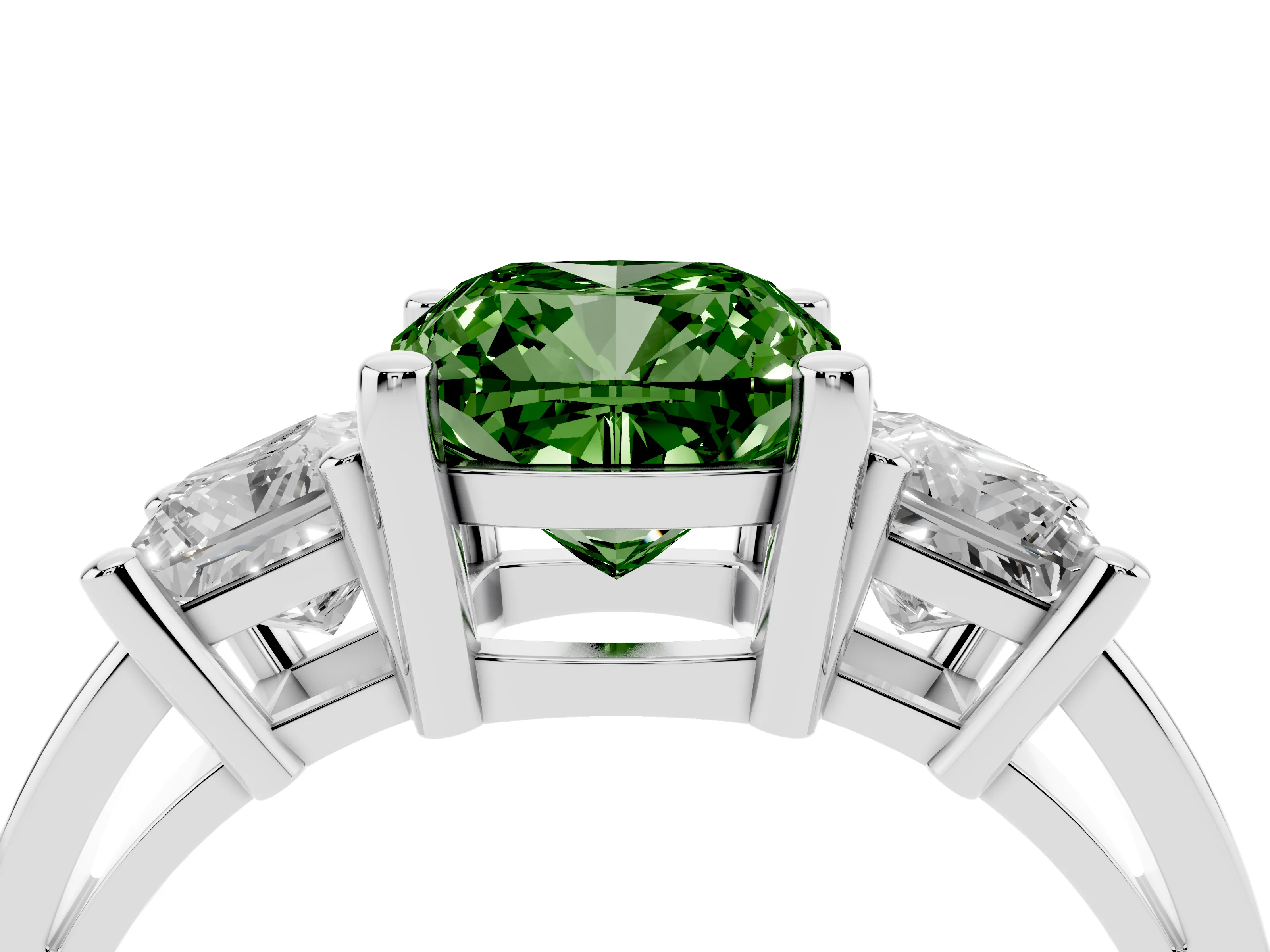 Fancy Green Three-Stone Cushion Cut Diamond Solitaire Ring Set in Silver with Prong Setting