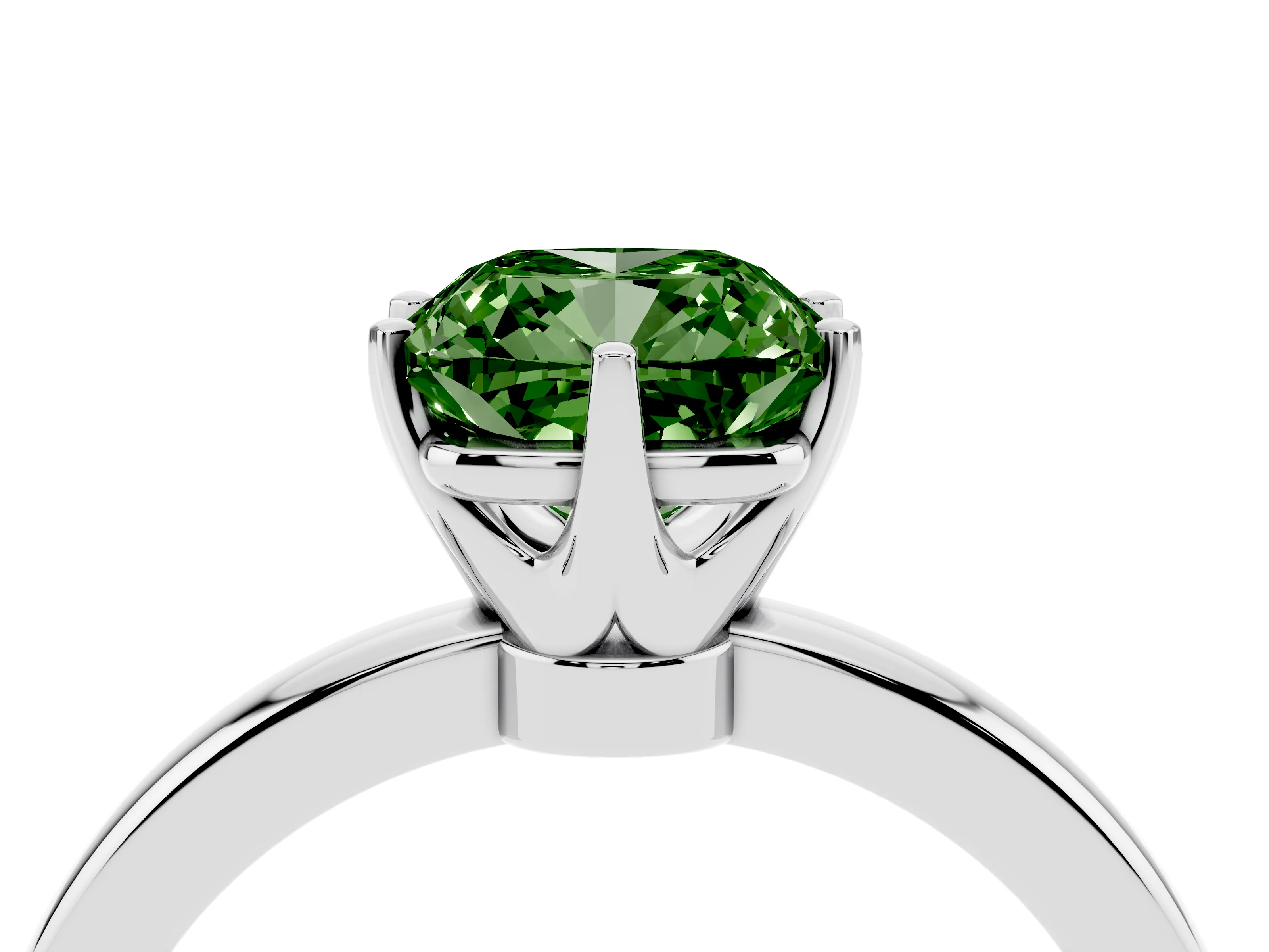 Fancy Green Cushion Cut Diamond Solitaire Ring Set in Silver with Raised Prong Setting on a Classic Band