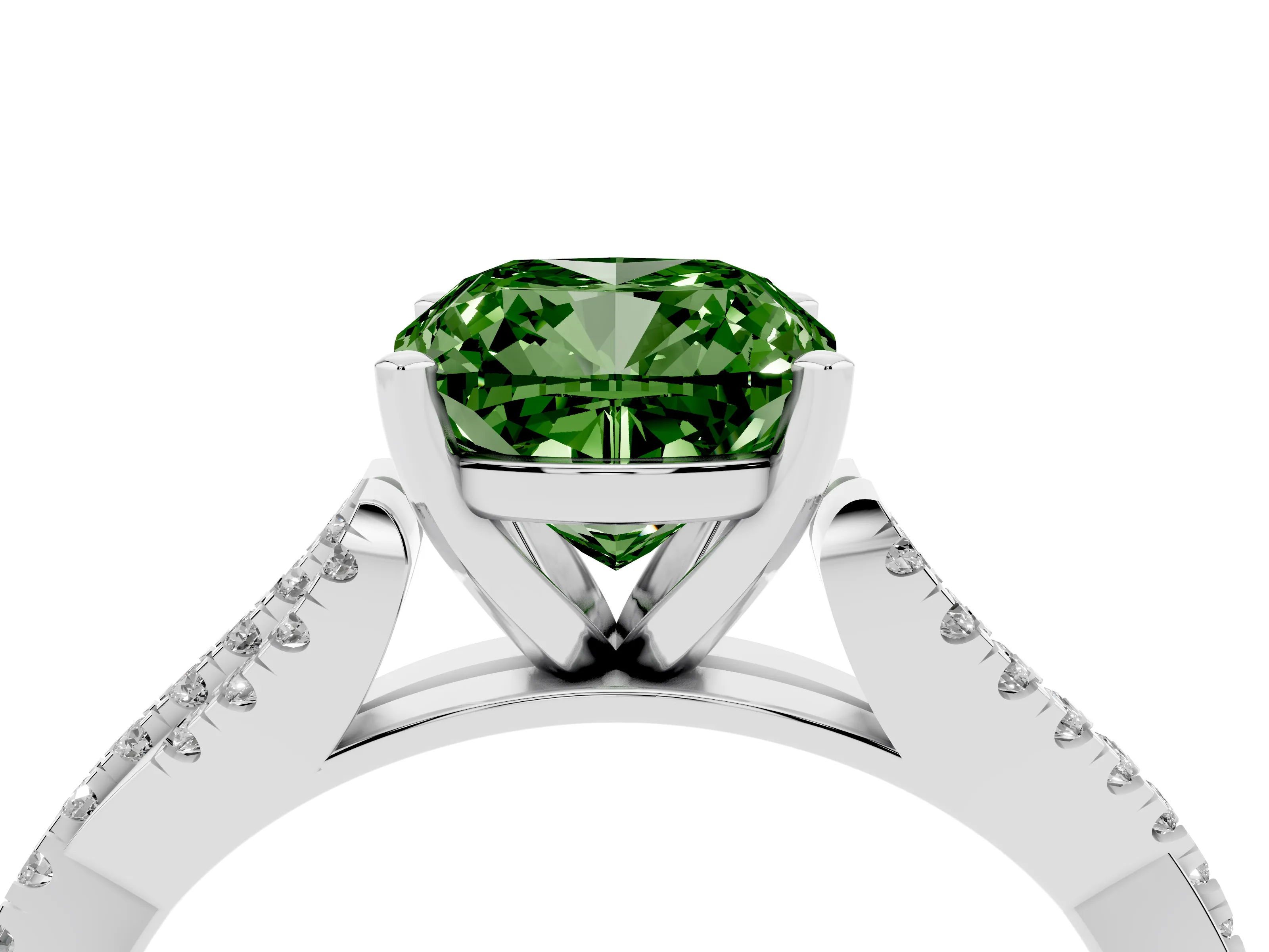 Fancy Green Cushion Cut Diamond Solitaire Engagement Ring Set in White gold with Twisted Pavé Band and Prong Setting