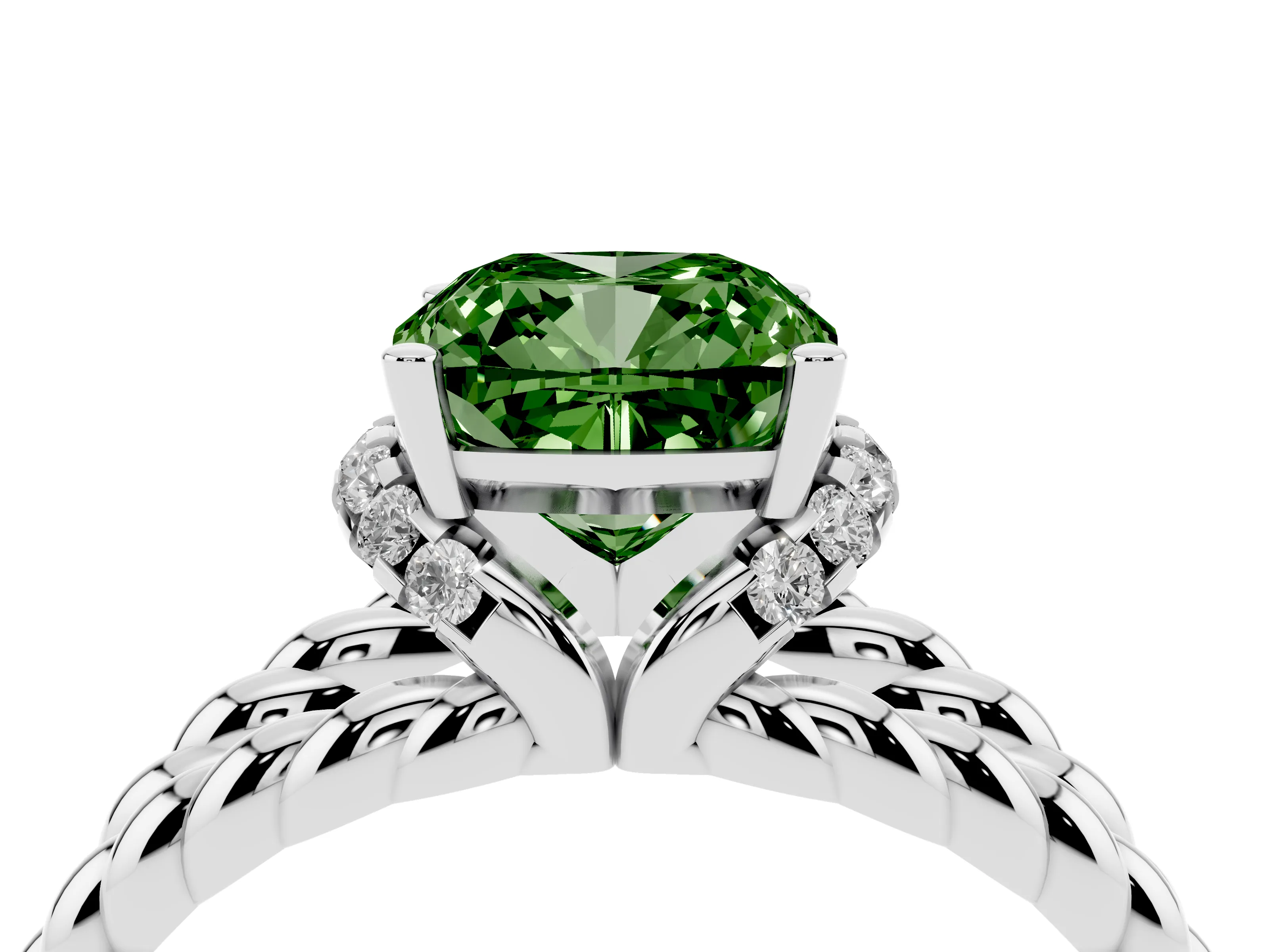 Fancy Green Cushion Cut Diamond Halo Ring Set in Platinum with Twisted Band and Prong Setting