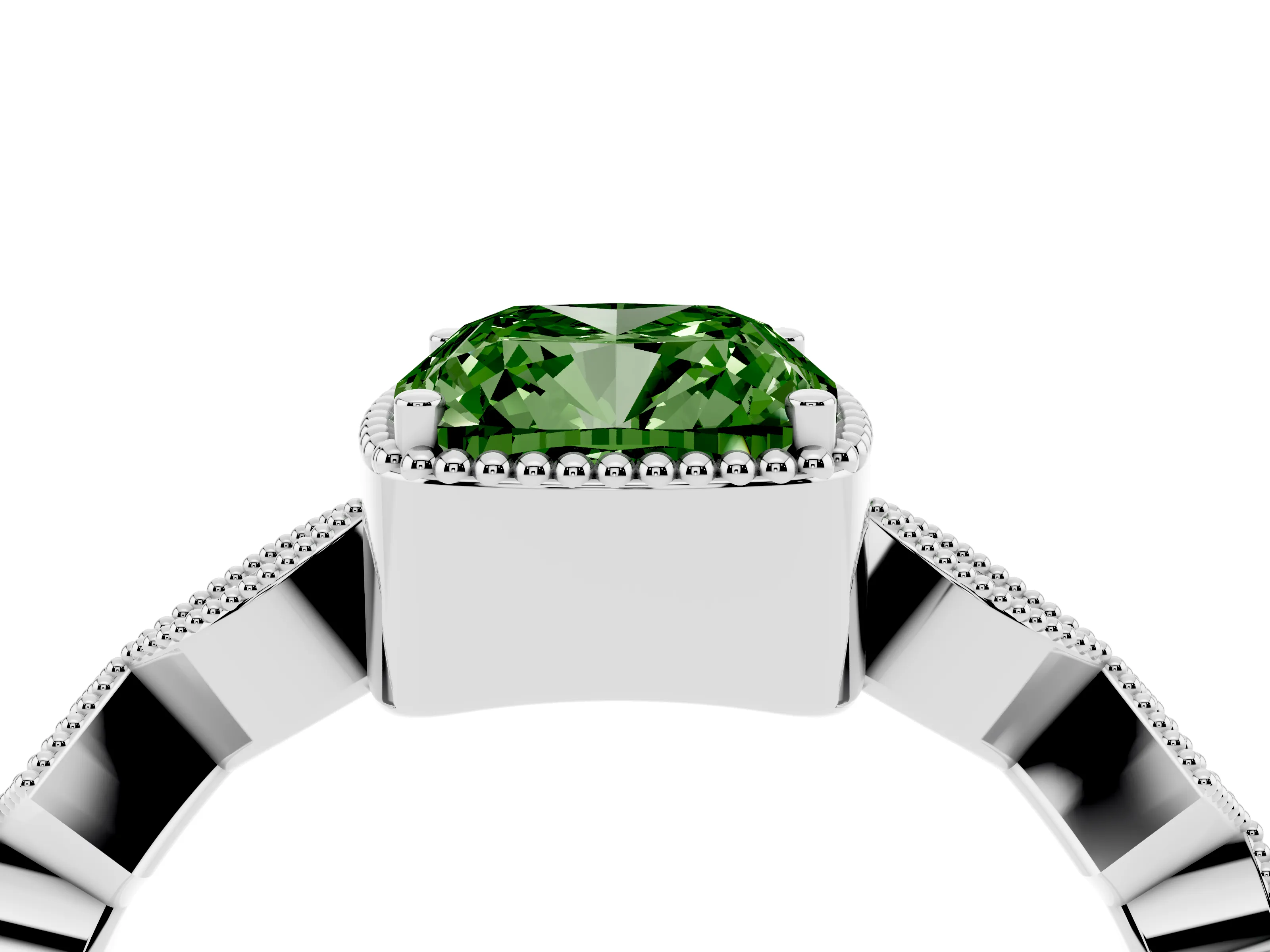 Fancy Green Cushion Cut Diamond Milgrain Marquise Twist Band Ring Set in White gold with Prong Setting
