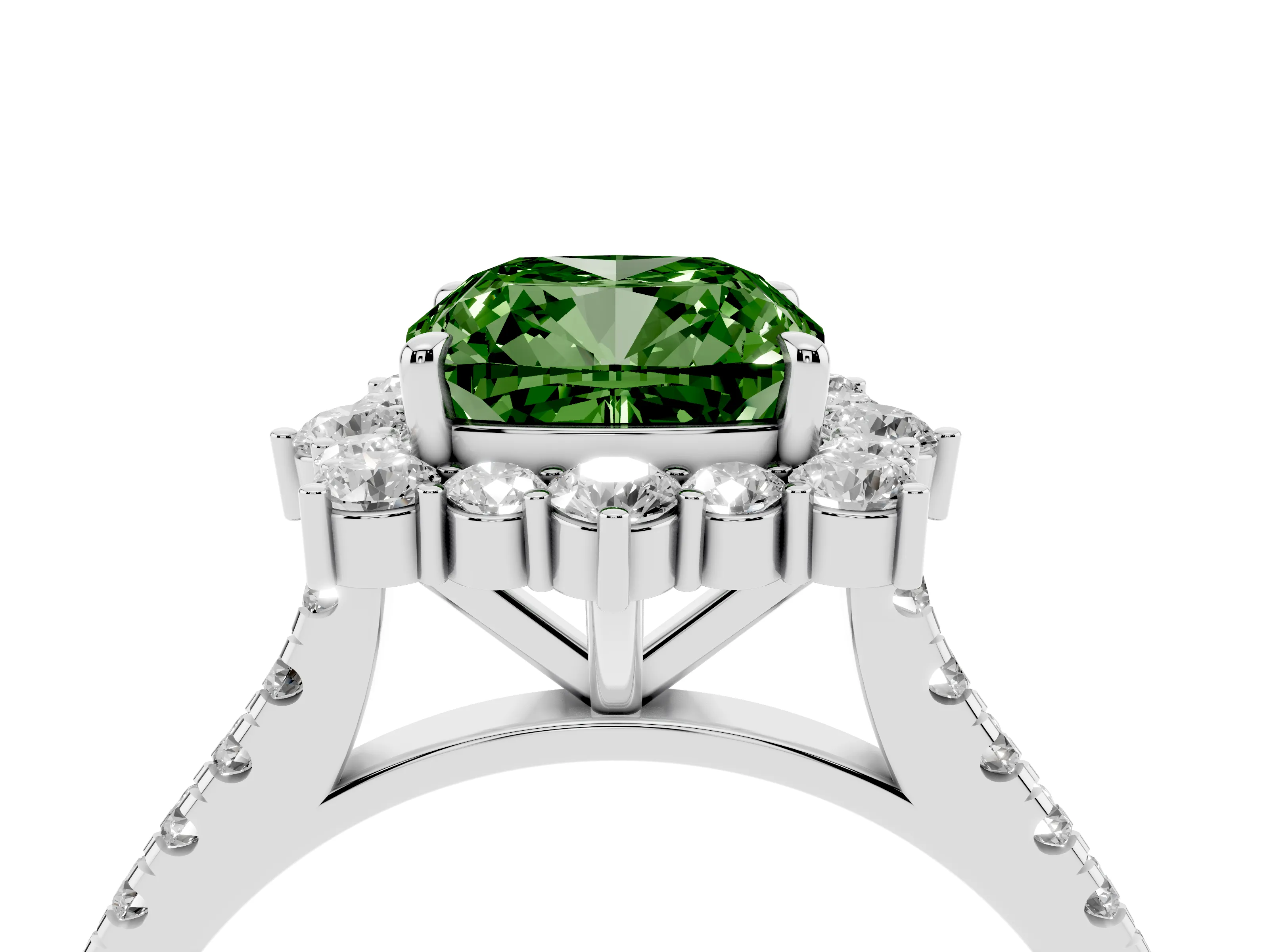 Fancy Green Cushion Cut Diamond Halo Ring Set in Silver with Pavé Band and Prong Setting