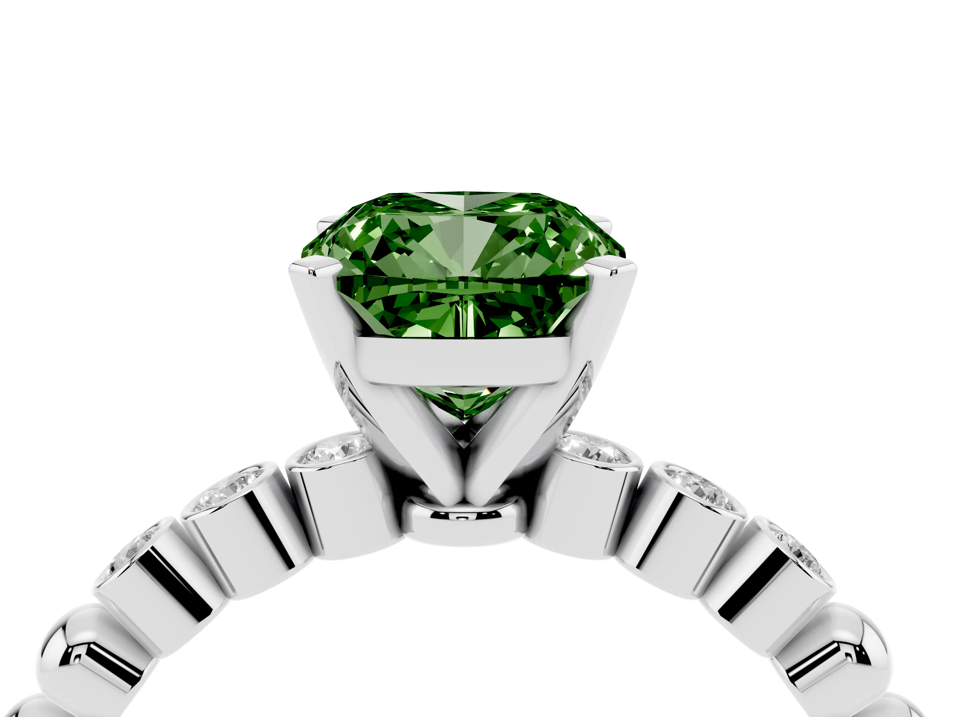 Fancy Green Cushion Cut Diamond Solitaire Engagement Ring Set in Platinum with Bezel Accents on Beaded Band