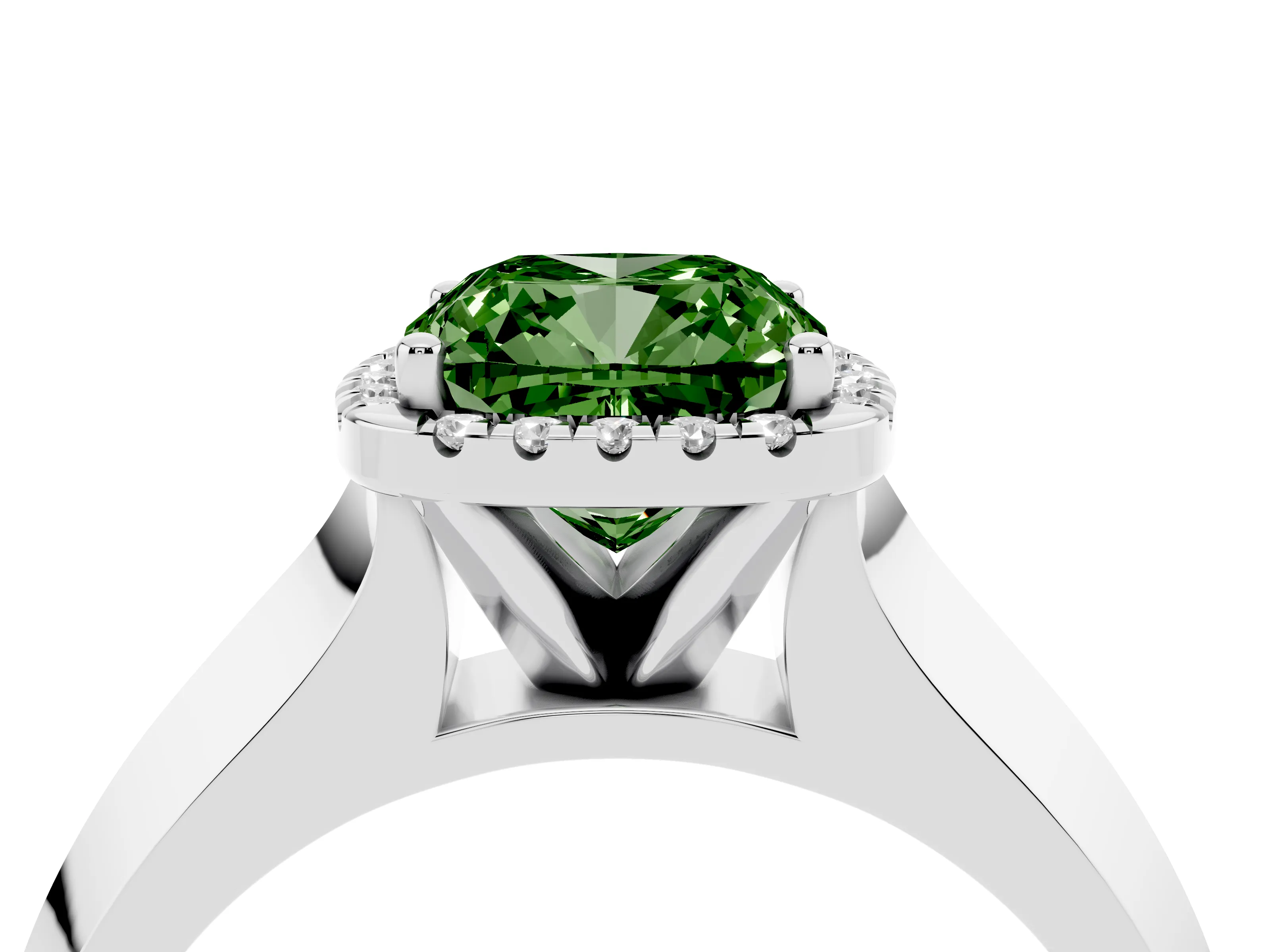 Fancy Green Cushion Cut Diamond Halo Ring Set in White gold with Cathedral Band and Prong Setting