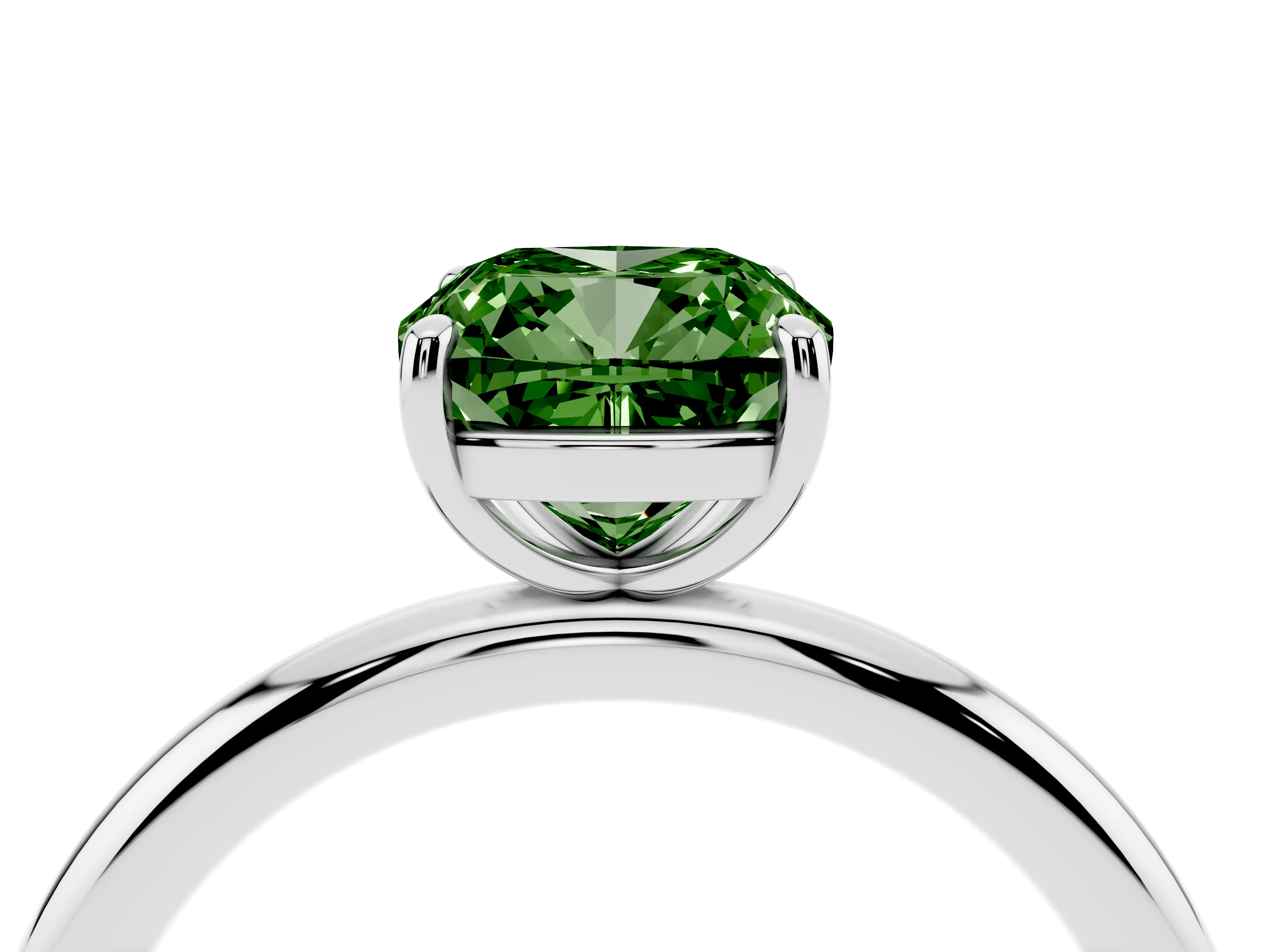 Fancy Green Cushion Cut Diamond Solitaire Ring Set in White gold with Prong Setting on a Polished Plain Band