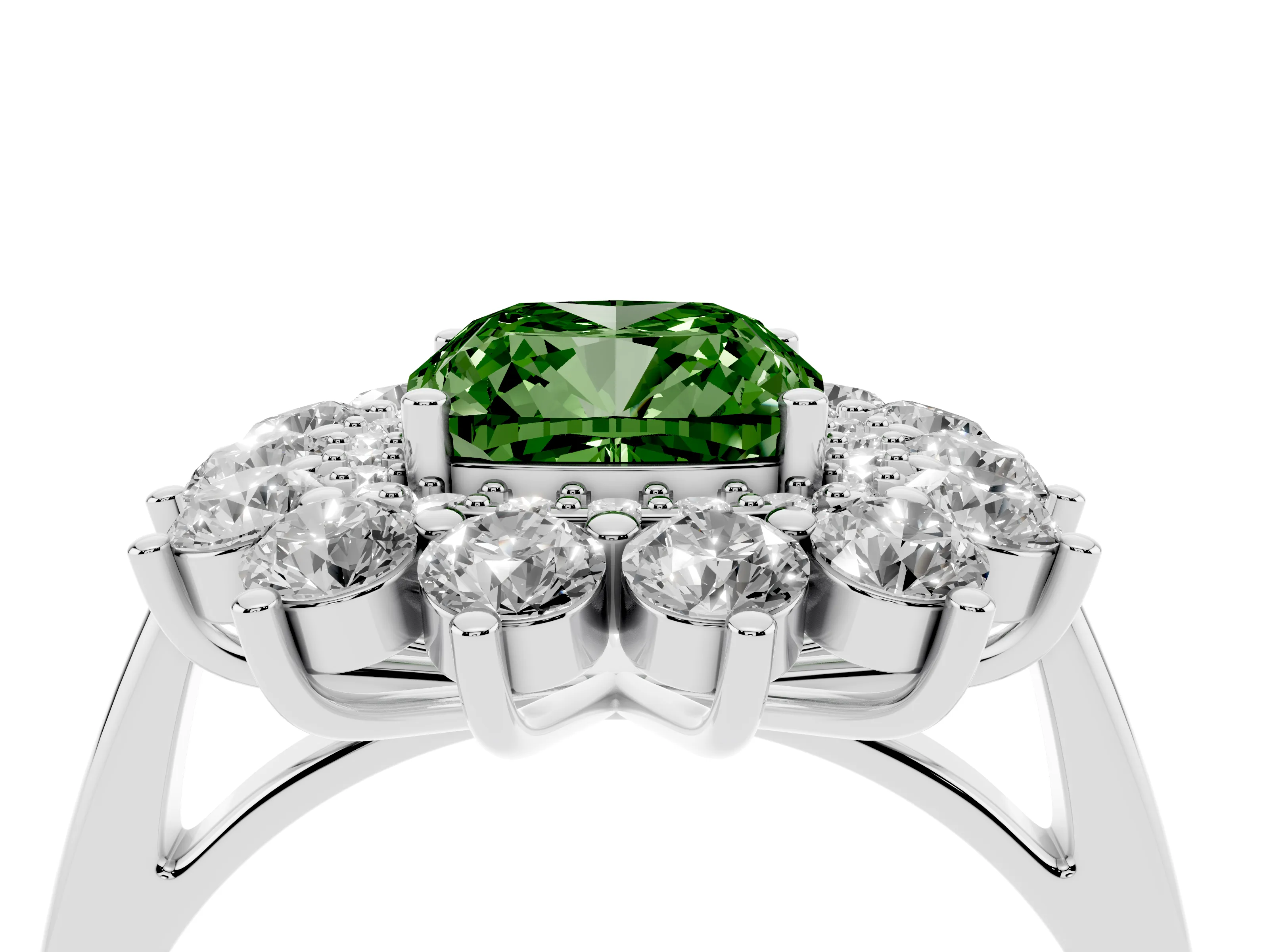 Fancy Green Cushion Cut Diamond Floral Double Halo Ring Set in White gold with Round Petals