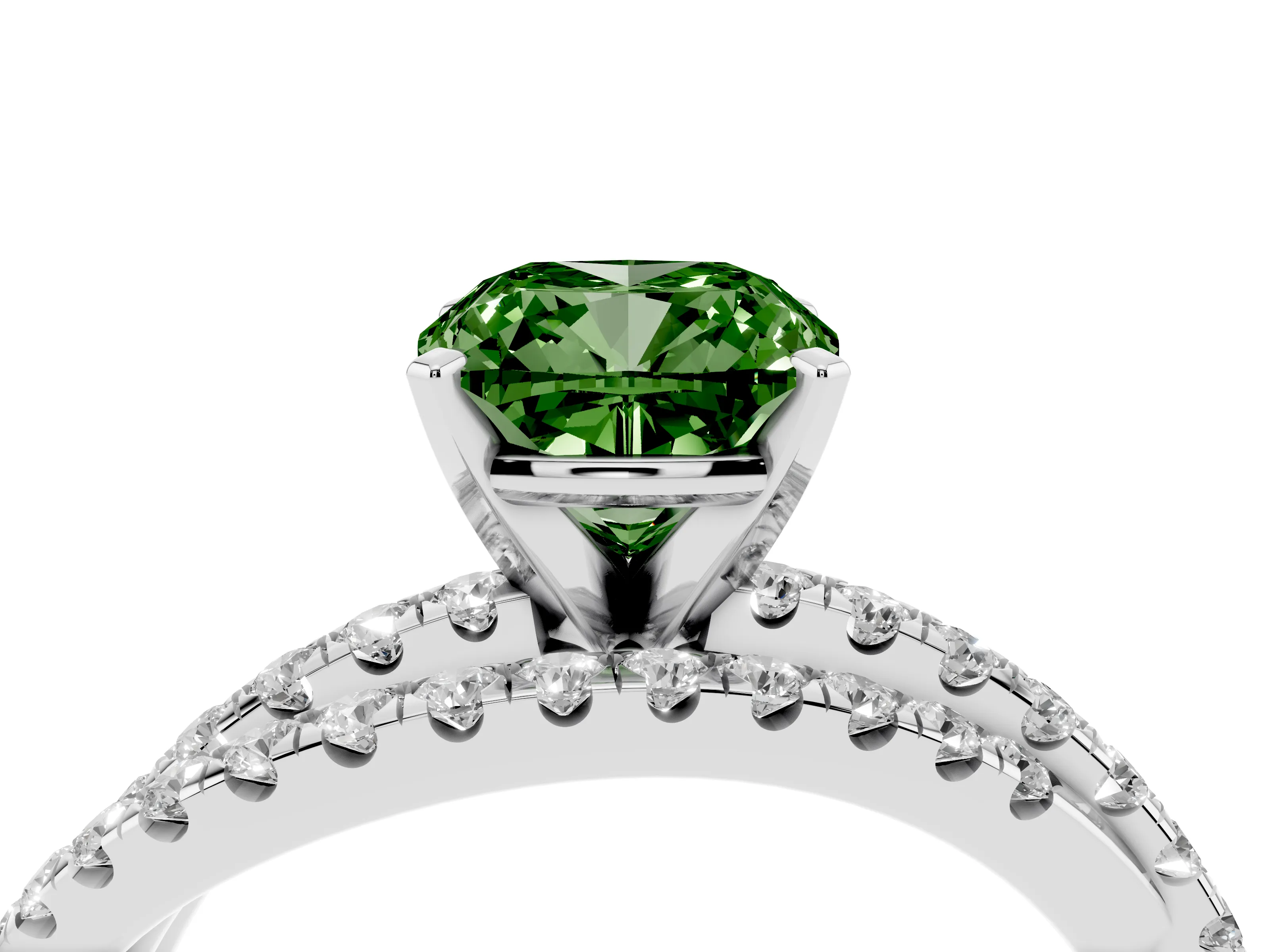 Fancy Green Cushion Cut Diamond Solitaire Twist Band Ring Set in White gold with Pavé Setting and Prong Head