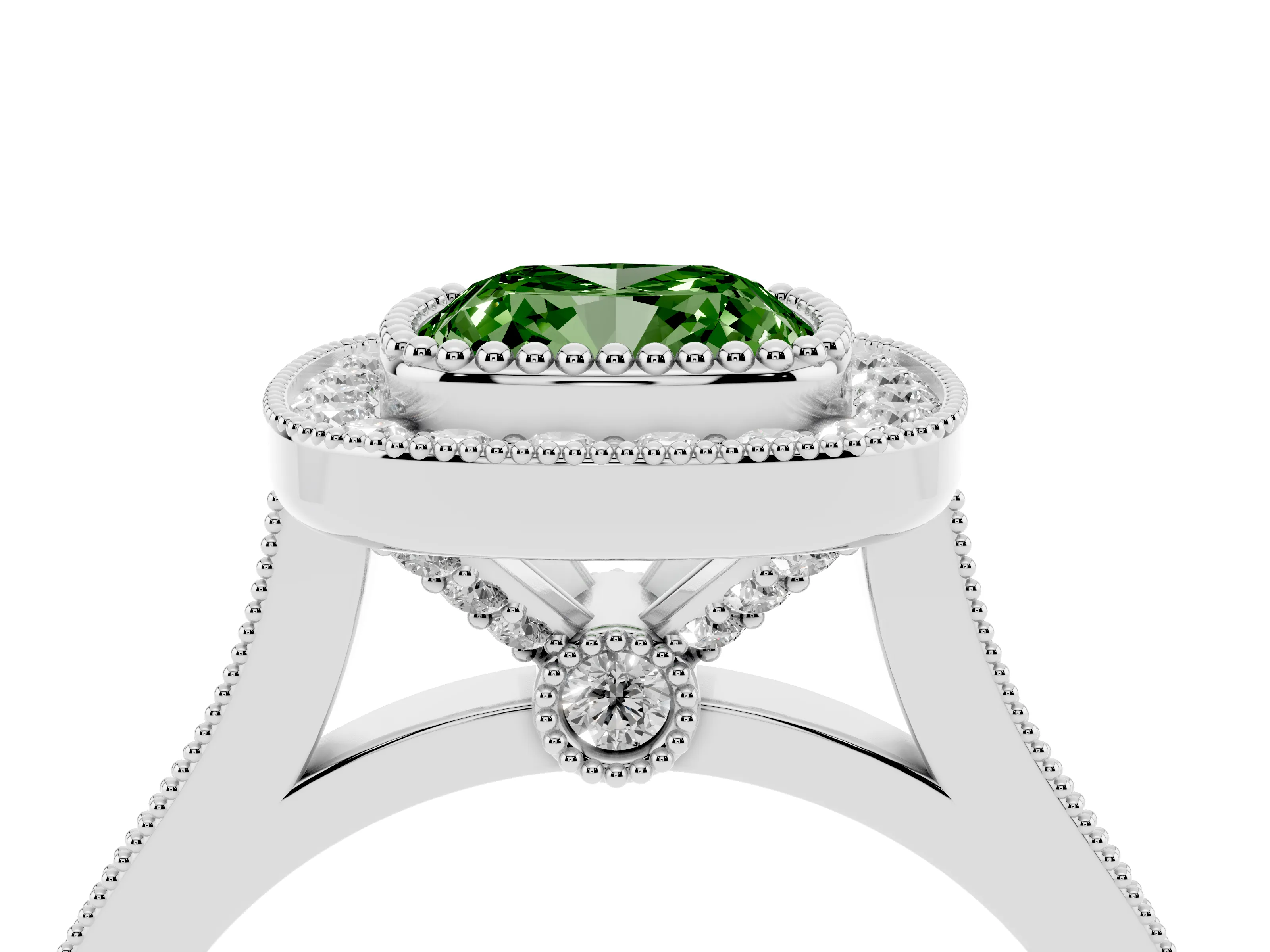 Fancy Green Cushion Cut Diamond Halo Ring Set in Platinum with Milgrain Frame and Pavé Band