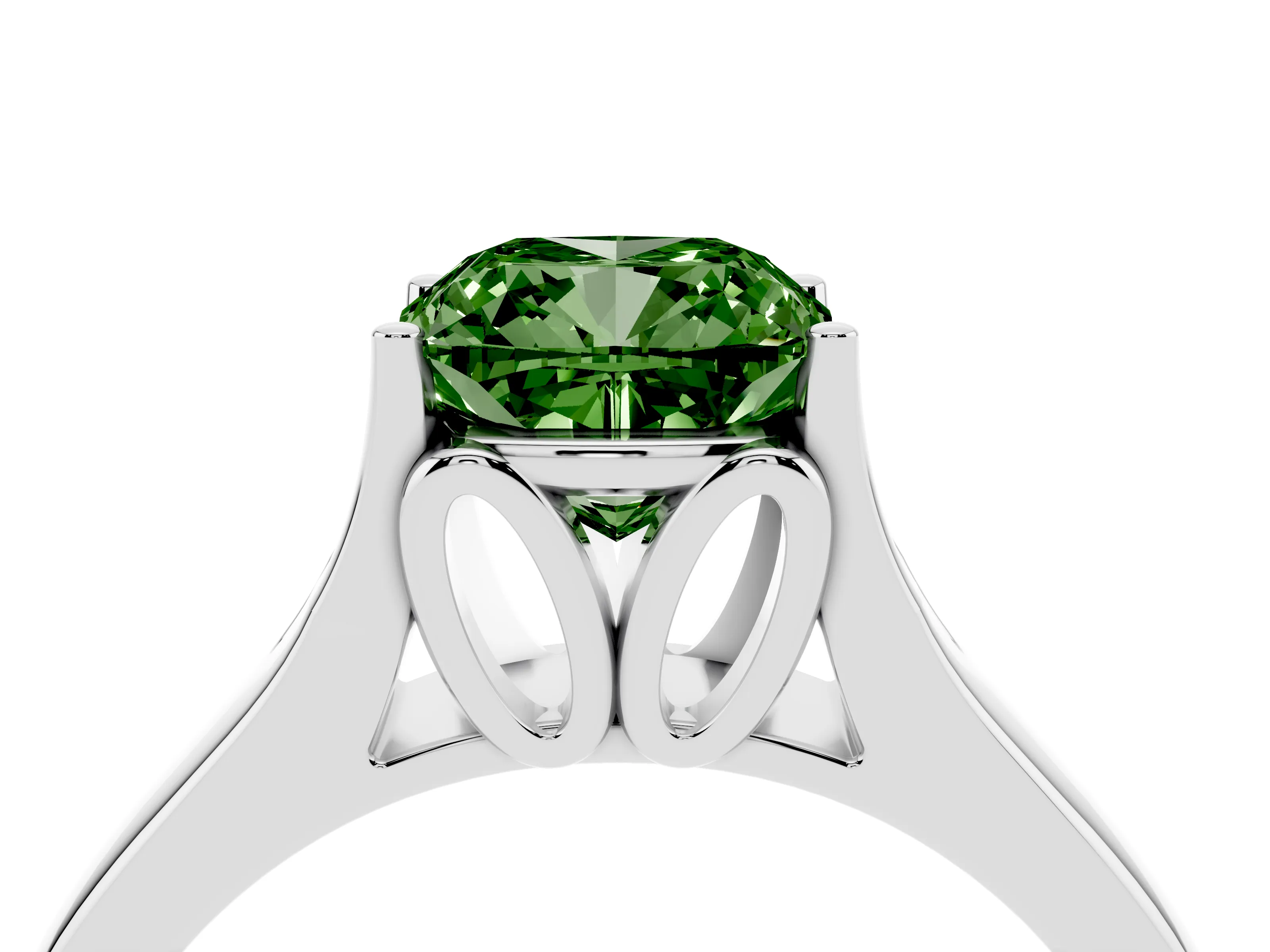 Fancy Green Cushion Cut Diamond Solitaire Ring Set in White gold with Arched Cathedral Band and Prong Setting