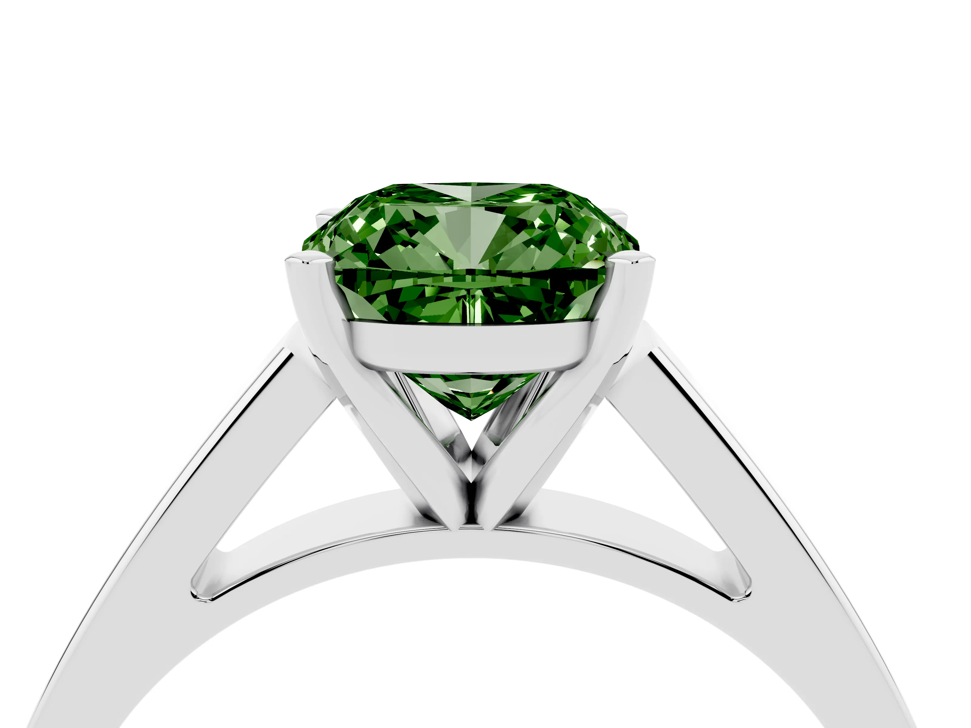 Fancy Green Cushion Cut Diamond Solitaire Engagement Ring Set in White gold with Prong Setting and Tapered Band