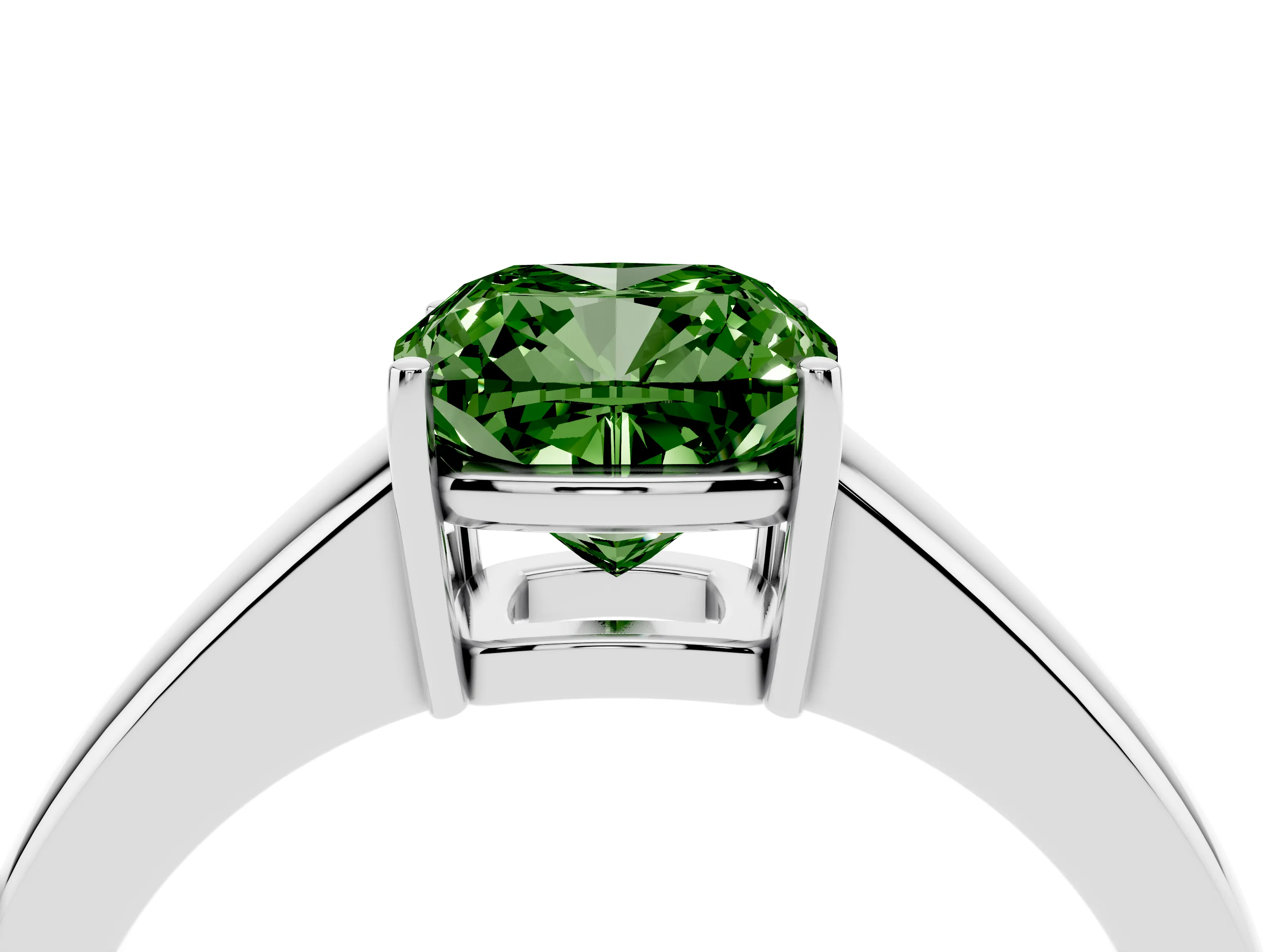 Fancy Green Cushion Cut Diamond Solitaire Ring Set in White gold with Tapered Band and Prong Setting