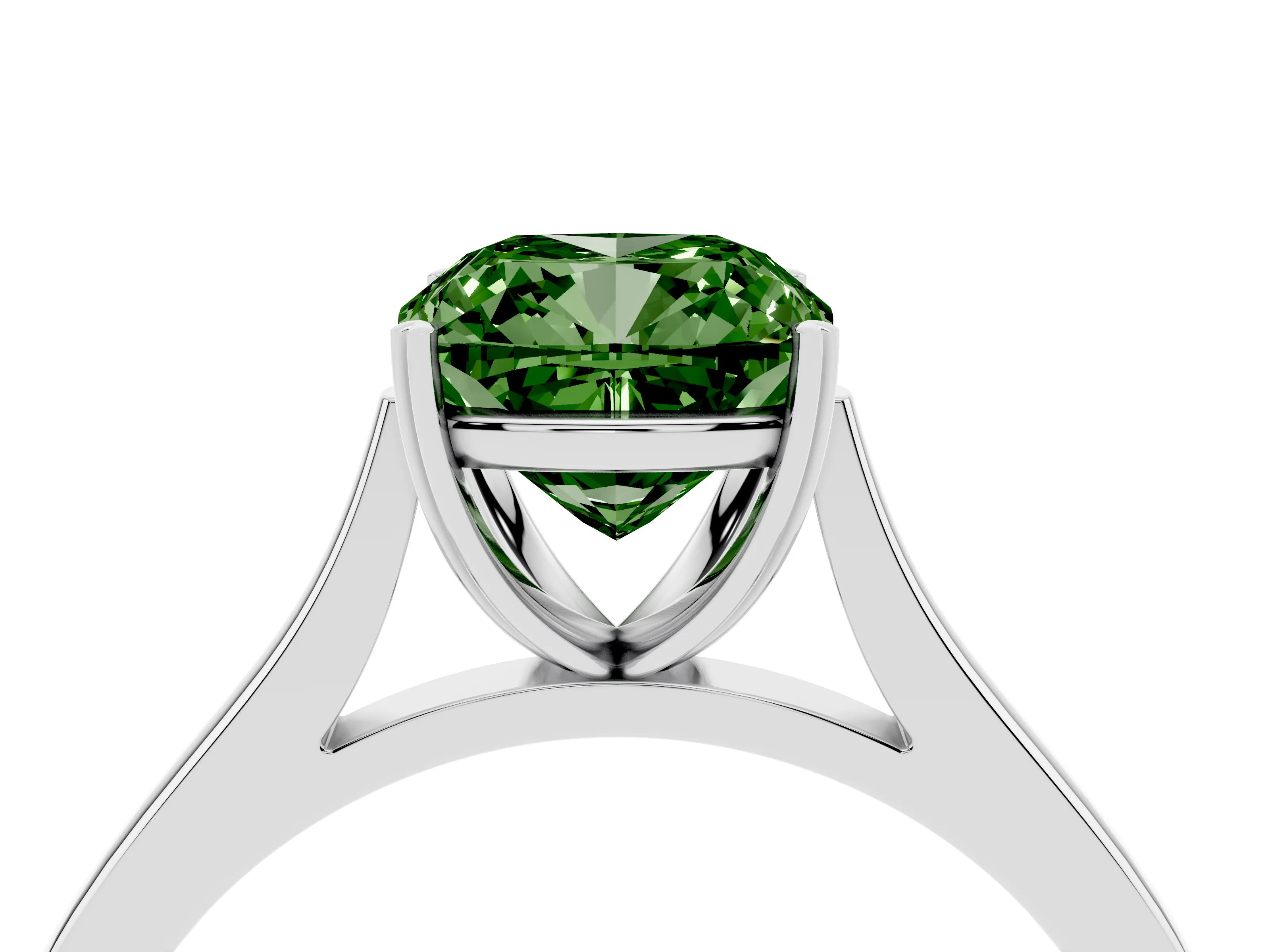 Fancy Green Cushion Cut Diamond Solitaire Heart Prong Engagement Ring Set in White gold with Tapered Band