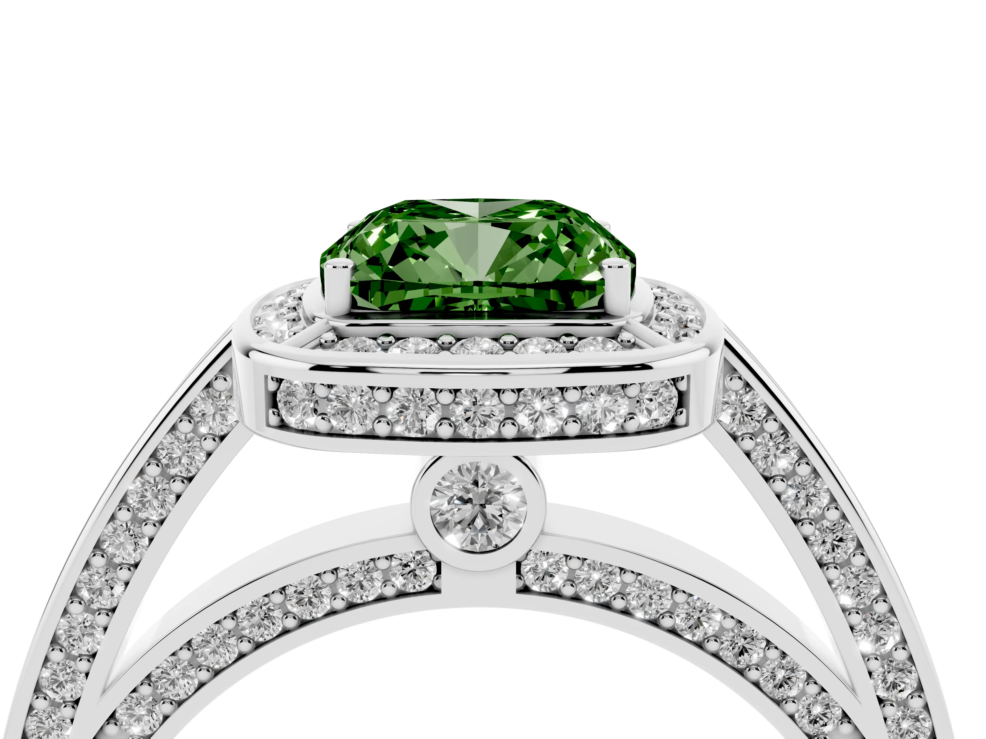 Fancy Green Cushion Cut Diamond Halo Pavé Split Shank Ring Set in White gold with Prong Setting