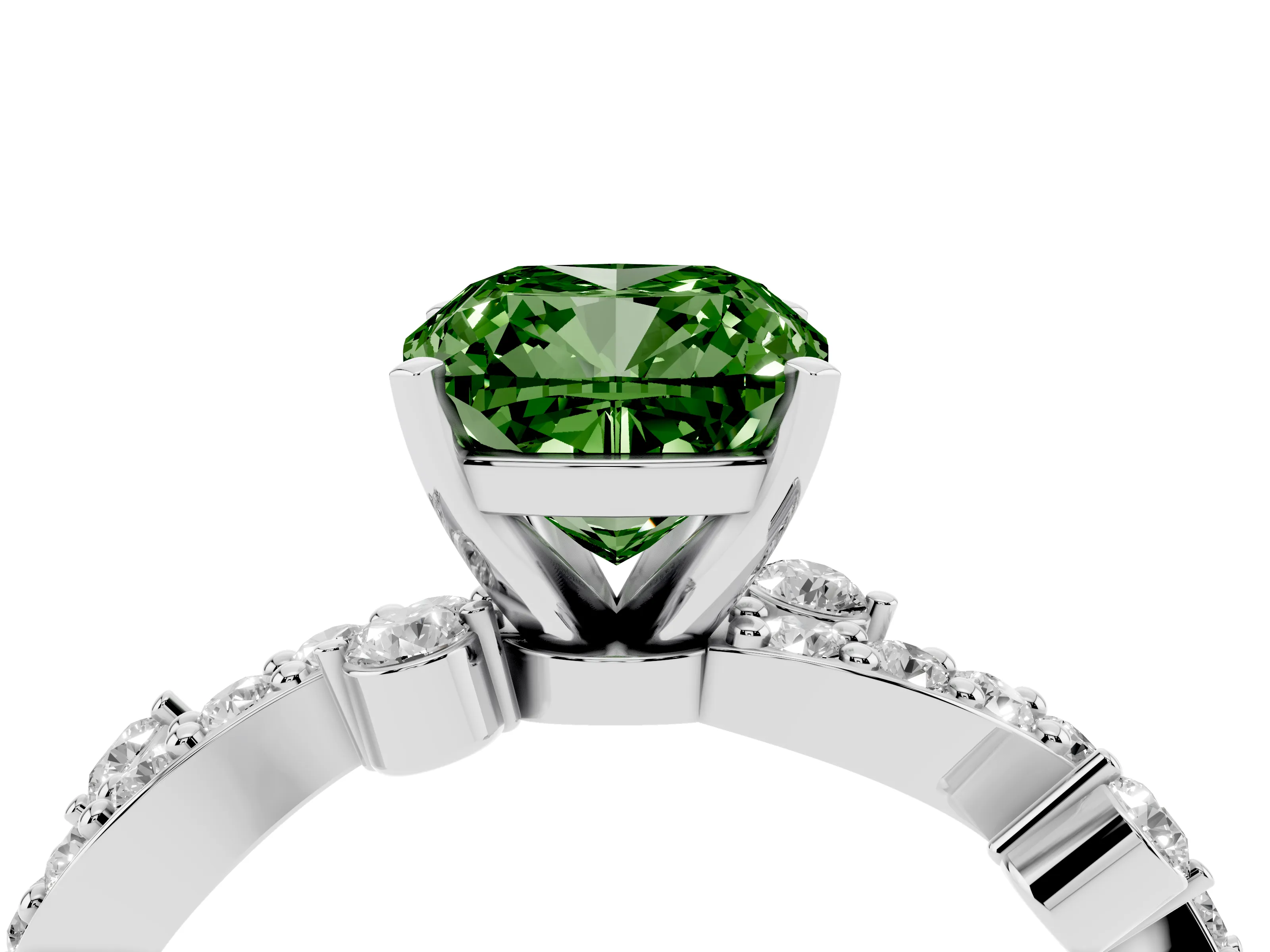 Fancy Green Cushion Cut Diamond Solitaire Twisted Band Set in White gold with Pavé Setting
