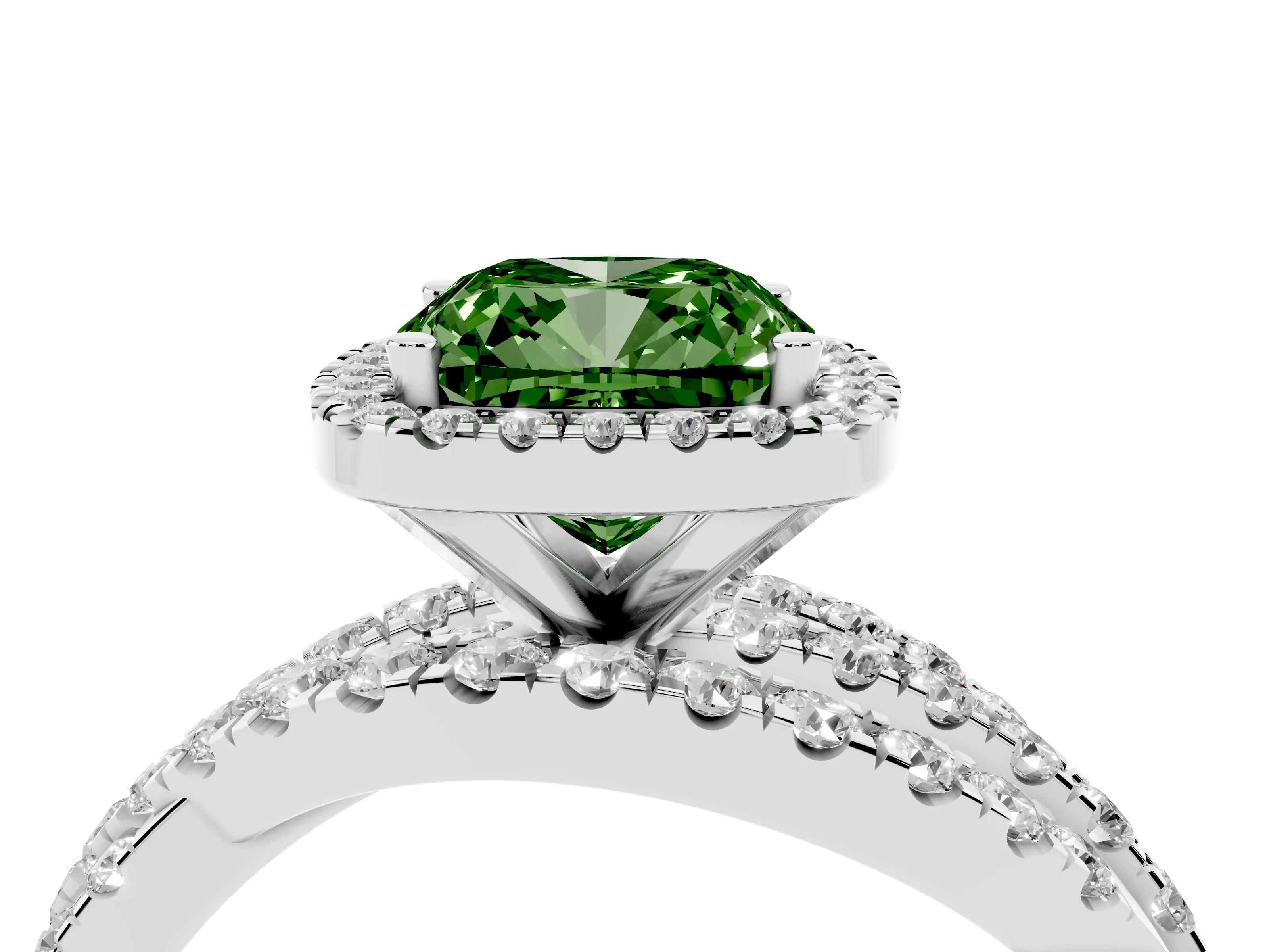 Fancy Green Cushion Cut Diamond Halo Ring Set in White gold with Round Crossover Split Shank and Prong Setting