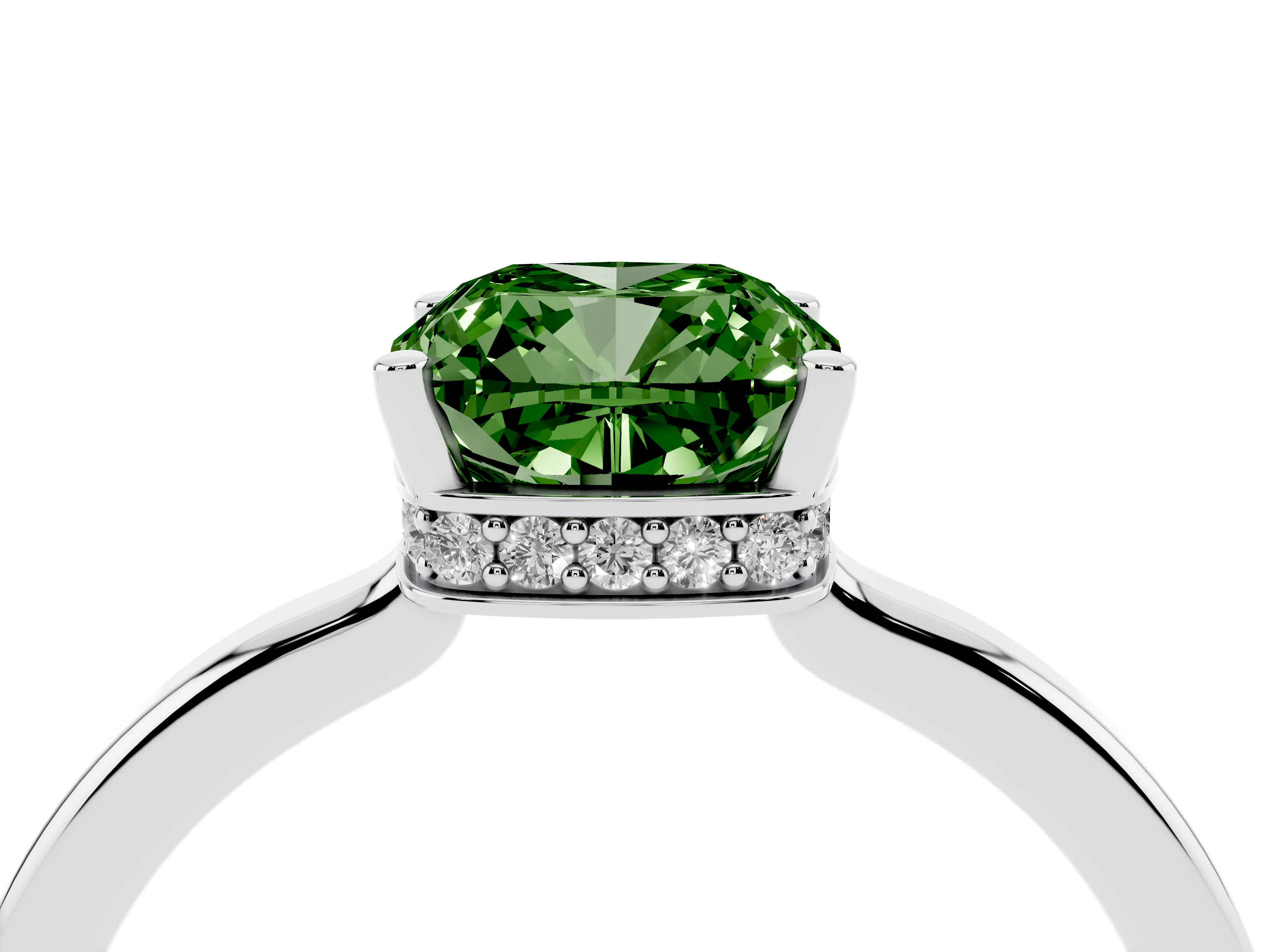 Fancy Green Cushion Cut Diamond Solitaire Engagement Ring Set in White gold with Prong Setting on a Plain Band